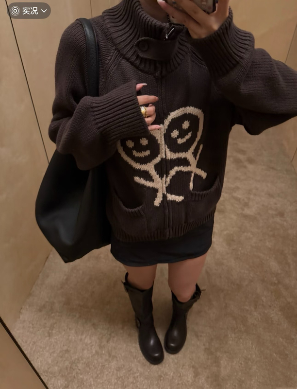 Blbwl Pineapple Stop Playing Around Autumn/Winter New Smiley Face Embroidered Knitted Cardigan Sweater Loose Oversized Jacket Blbwl Pineapple Stop Playing Around Autumn/Winter New Smiley Face Embroidered Knitted Cardigan Sweater Loose Oversized Jacket