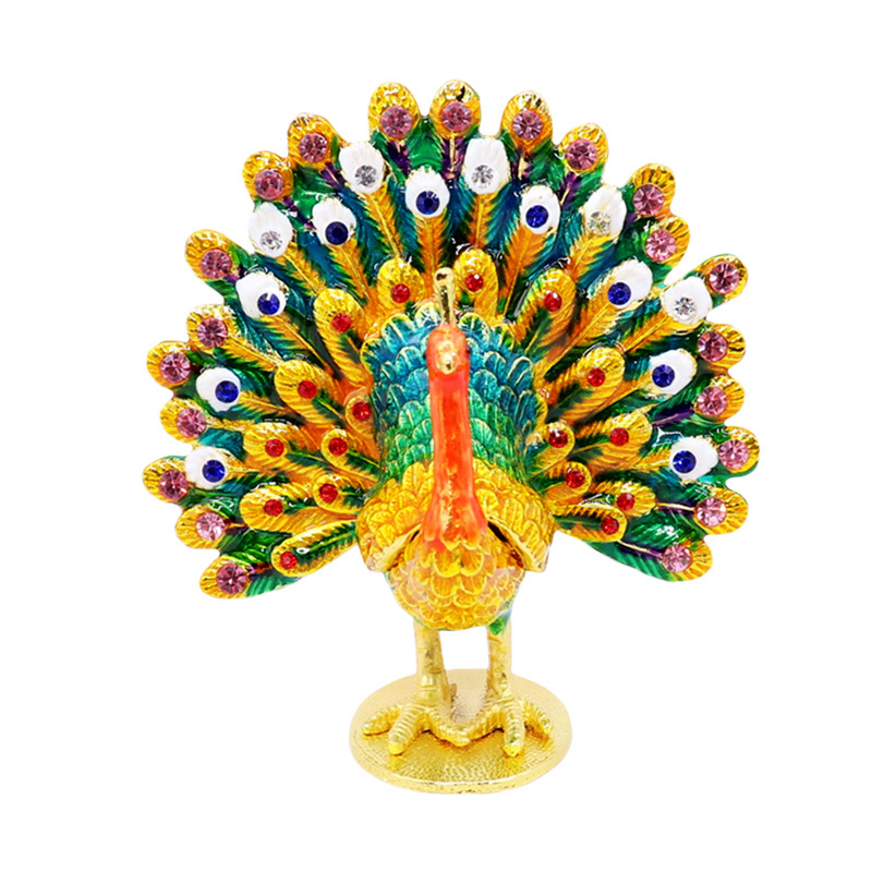Peacock Tail Ornament Decoration with Rhinestones, Metal Small Storage Box, Golden Auspicious Dragon, Fortune-Attracting Little Rabbit, Shell, Pig, Chicken