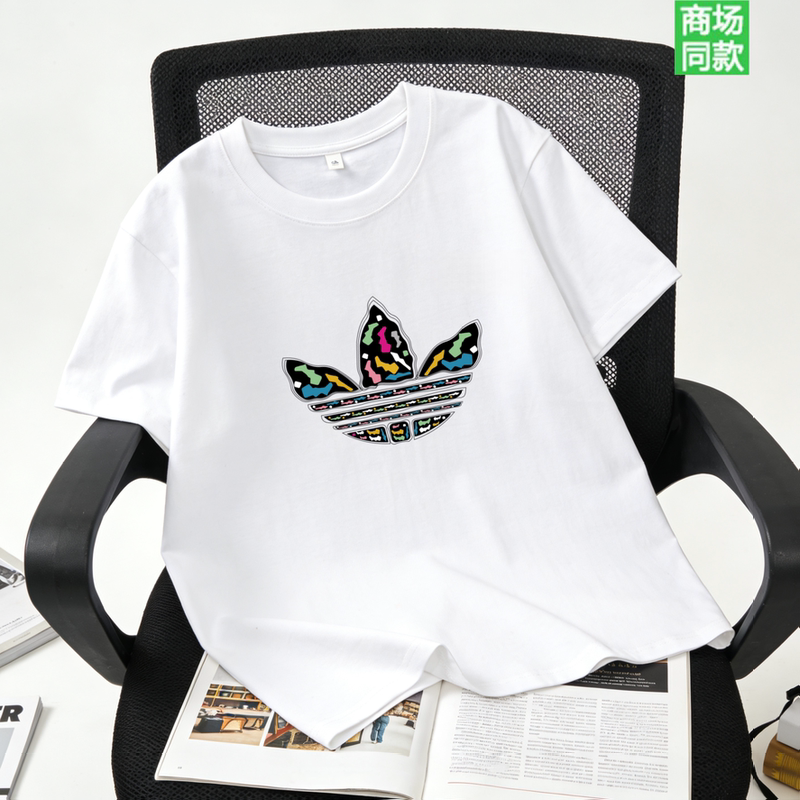 Summer Clover New Style Men's Pure Cotton Short-Sleeved Casual Loose T-Shirt Round Neck Printed Half-Sleeve Couple's Base Shirt