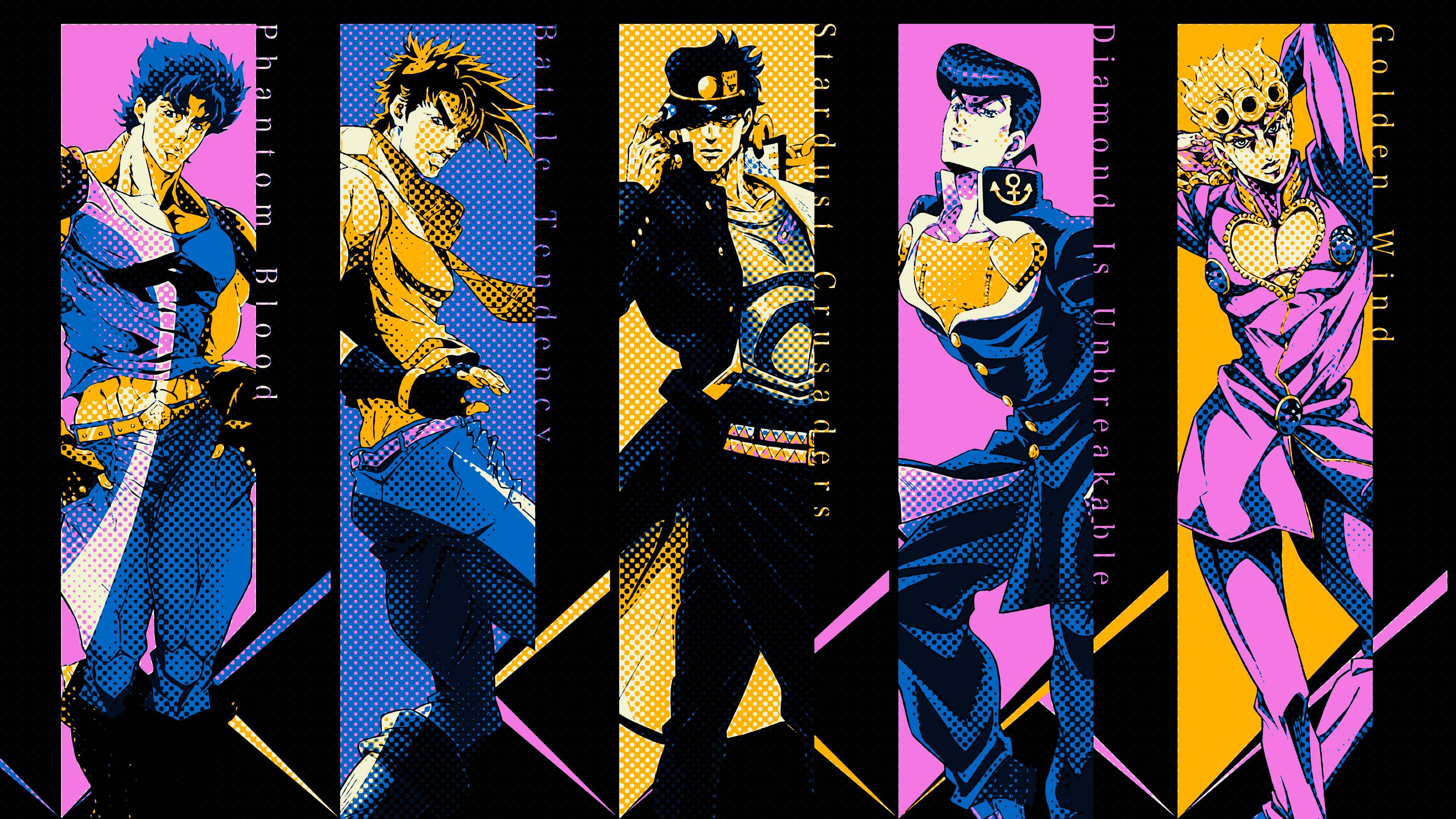 JOJO 的奇妙冒险五代乔斯达主角团横版电脑壁纸,波点印刷复古漫画风插画
