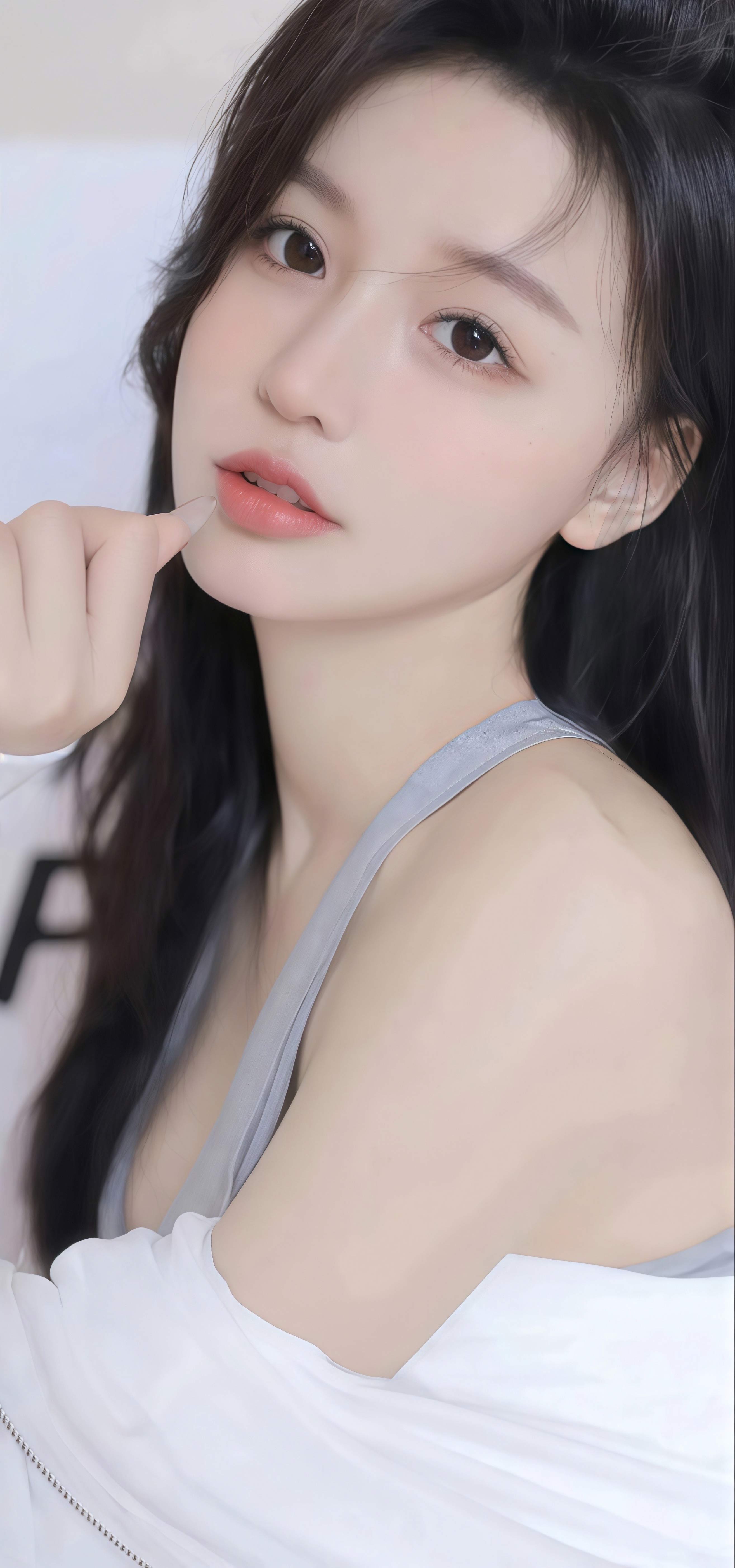 室内柔光特写壁纸 黑长卷发少女竖版手机锁屏