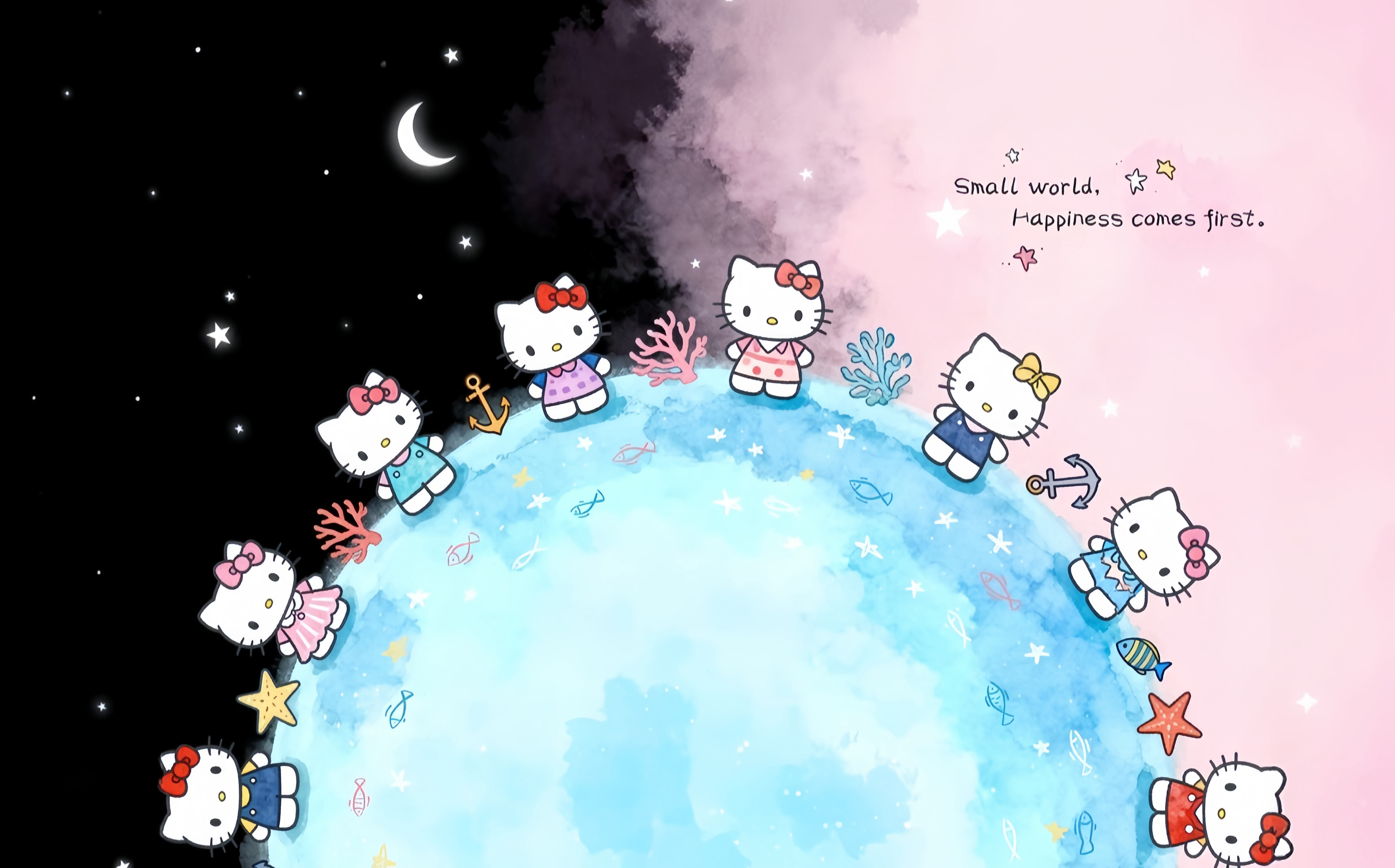 Hello Kitty 星球星空横版壁纸 水彩海洋风少女心电脑桌面背景