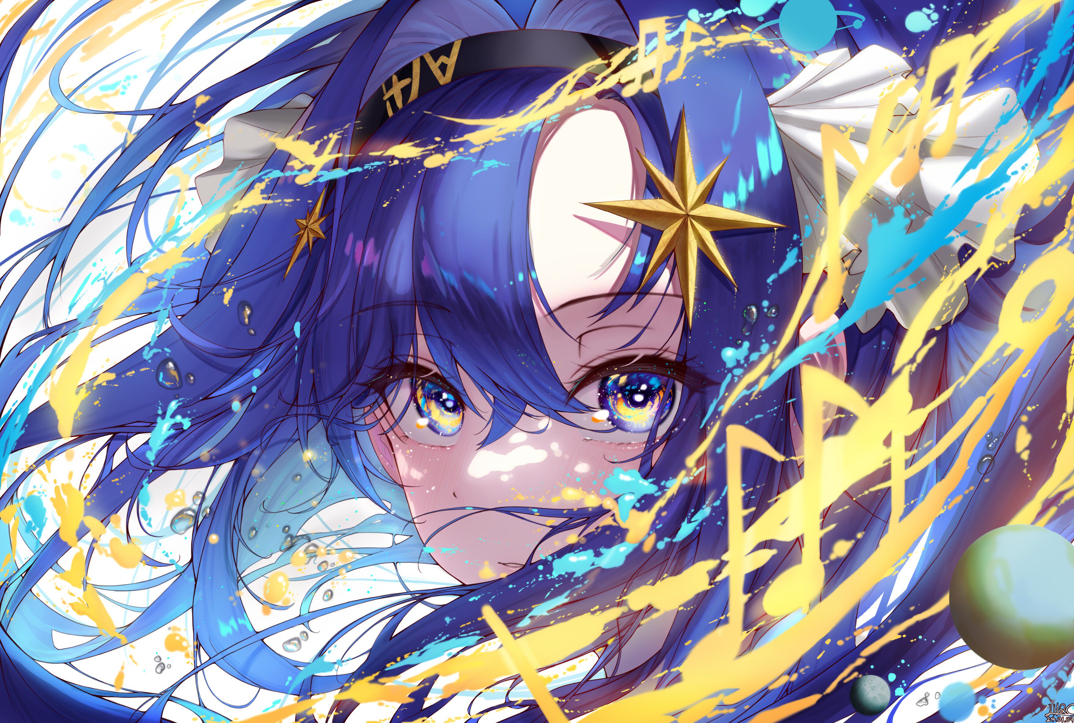 蓝发星空眼少女泼彩音符 4K 动漫电脑壁纸