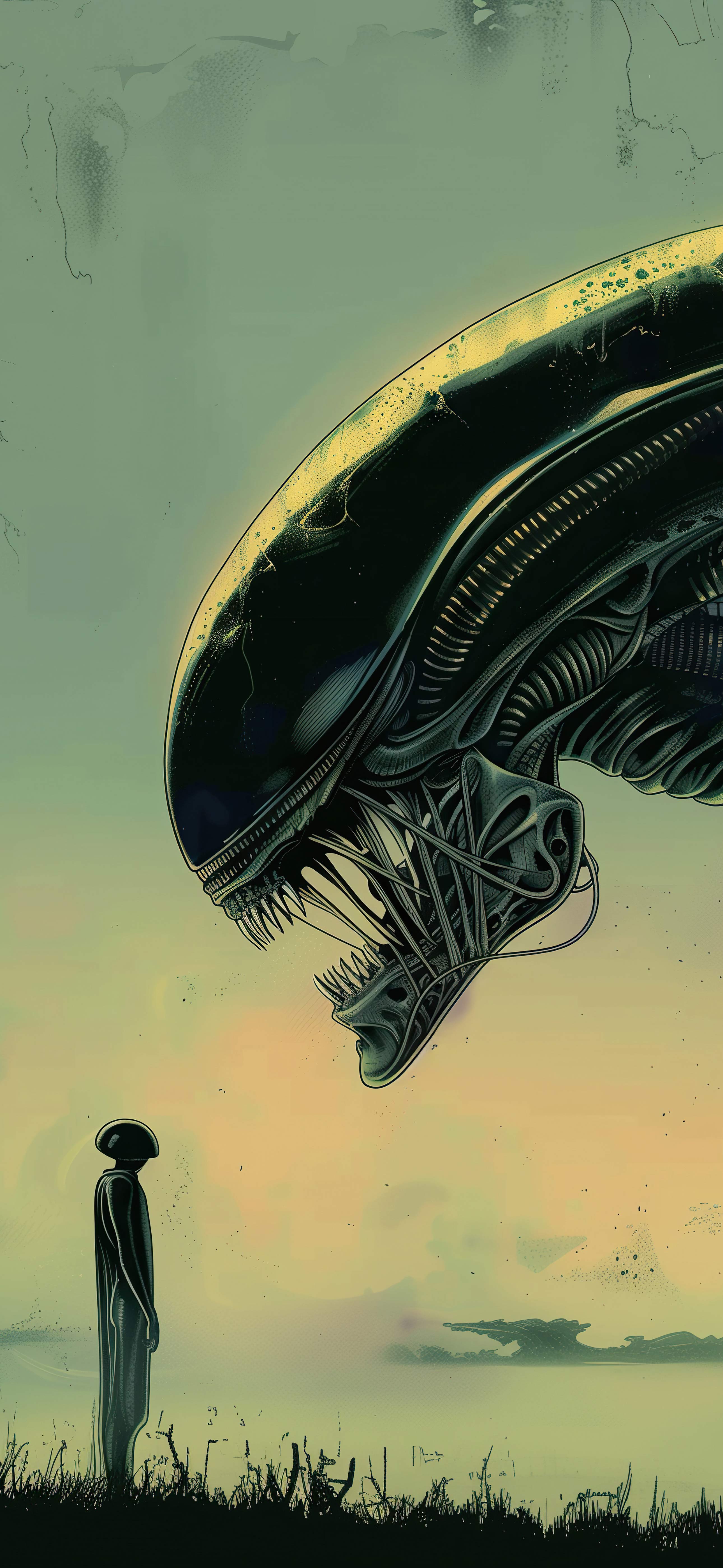 复古漫画异形科幻 4K 手机壁纸｜暗黑外星生物锁屏背景