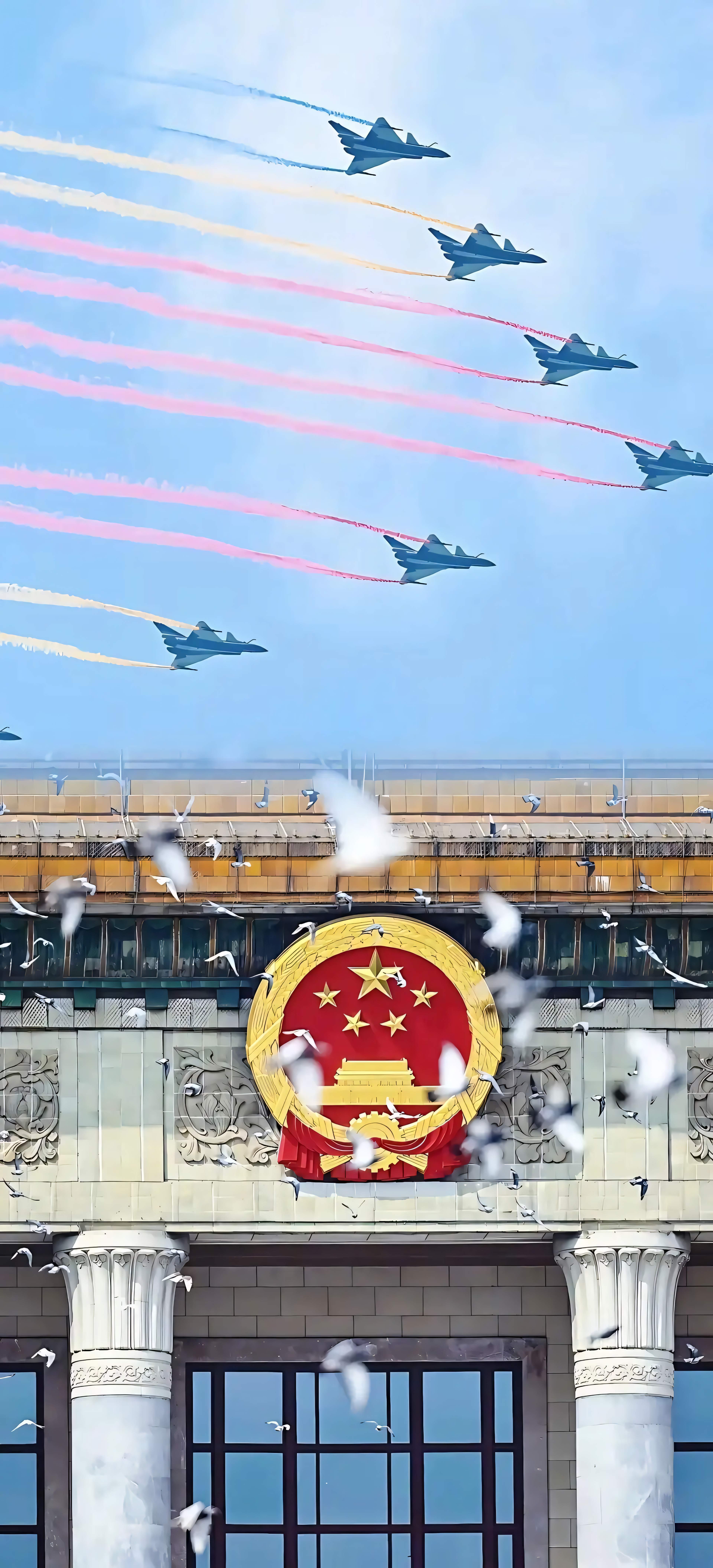 4K 竖版国徽战机彩烟和平鸽手机壁纸 盛世庆典爱国无水印图片