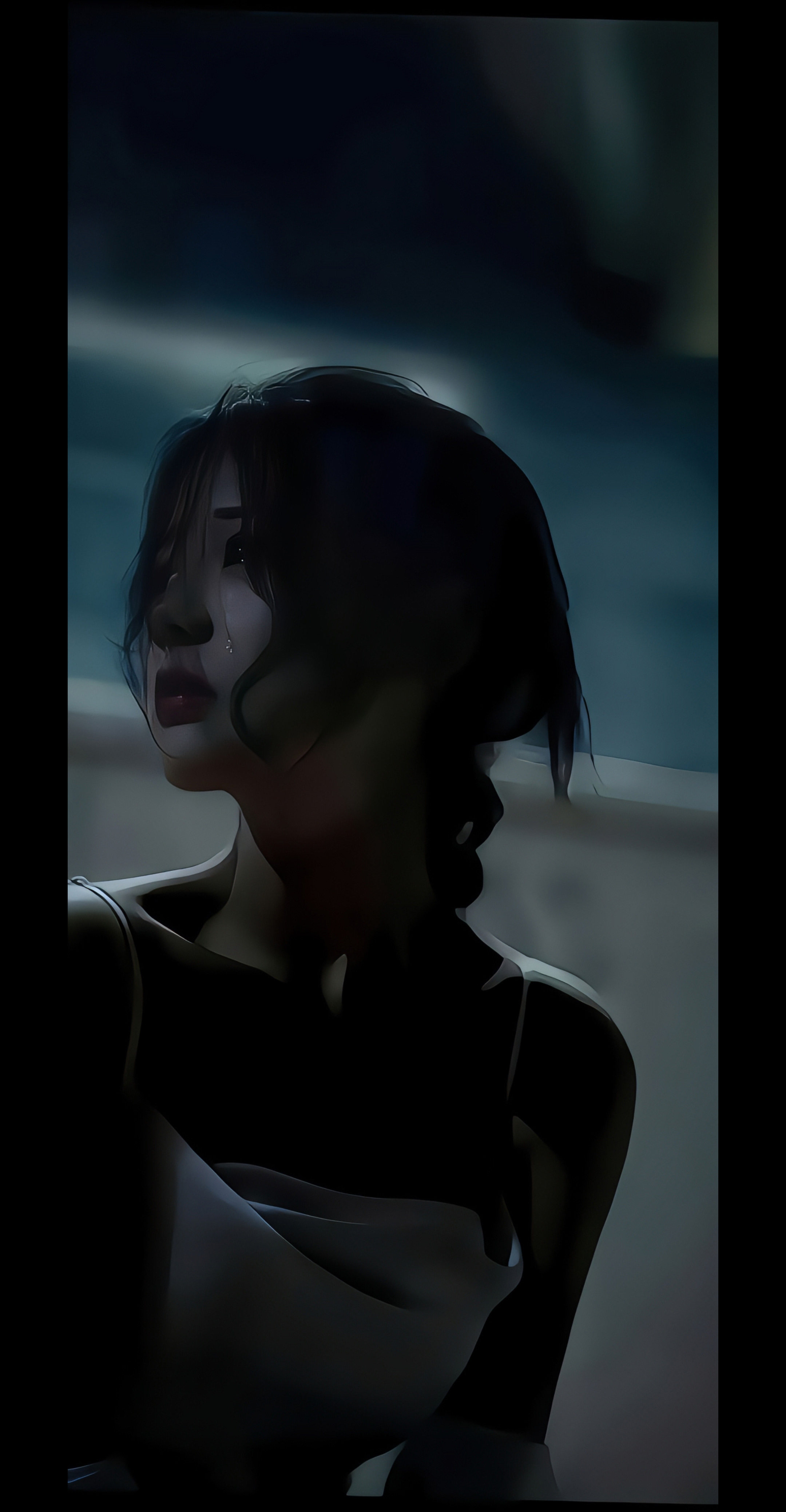 4K 暗调伤感落泪女生侧脸手机壁纸 冷色调情绪氛围感插画