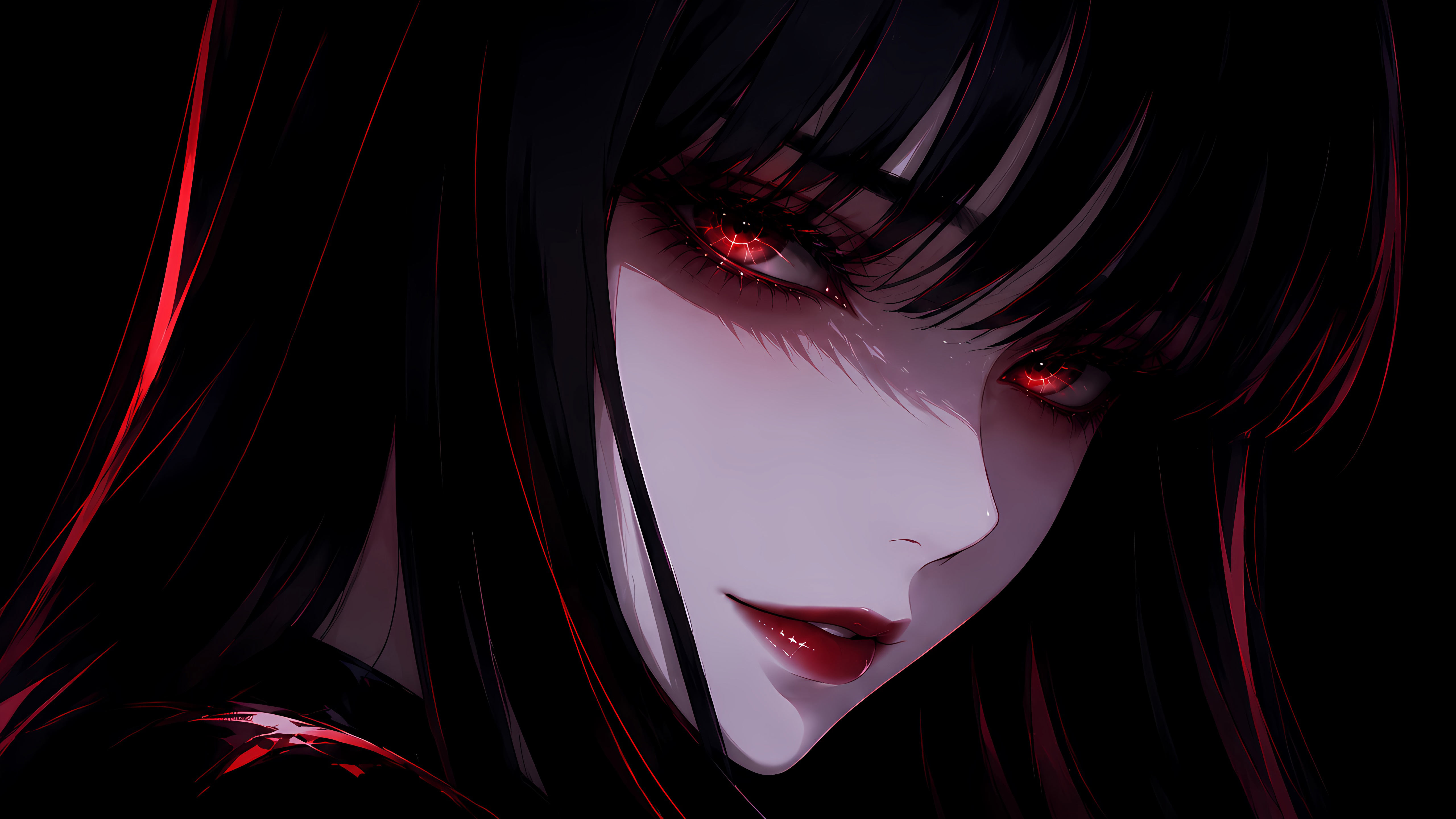 黑发红瞳暗黑动漫少女壁纸 红黑冷调二次元氛围感插画