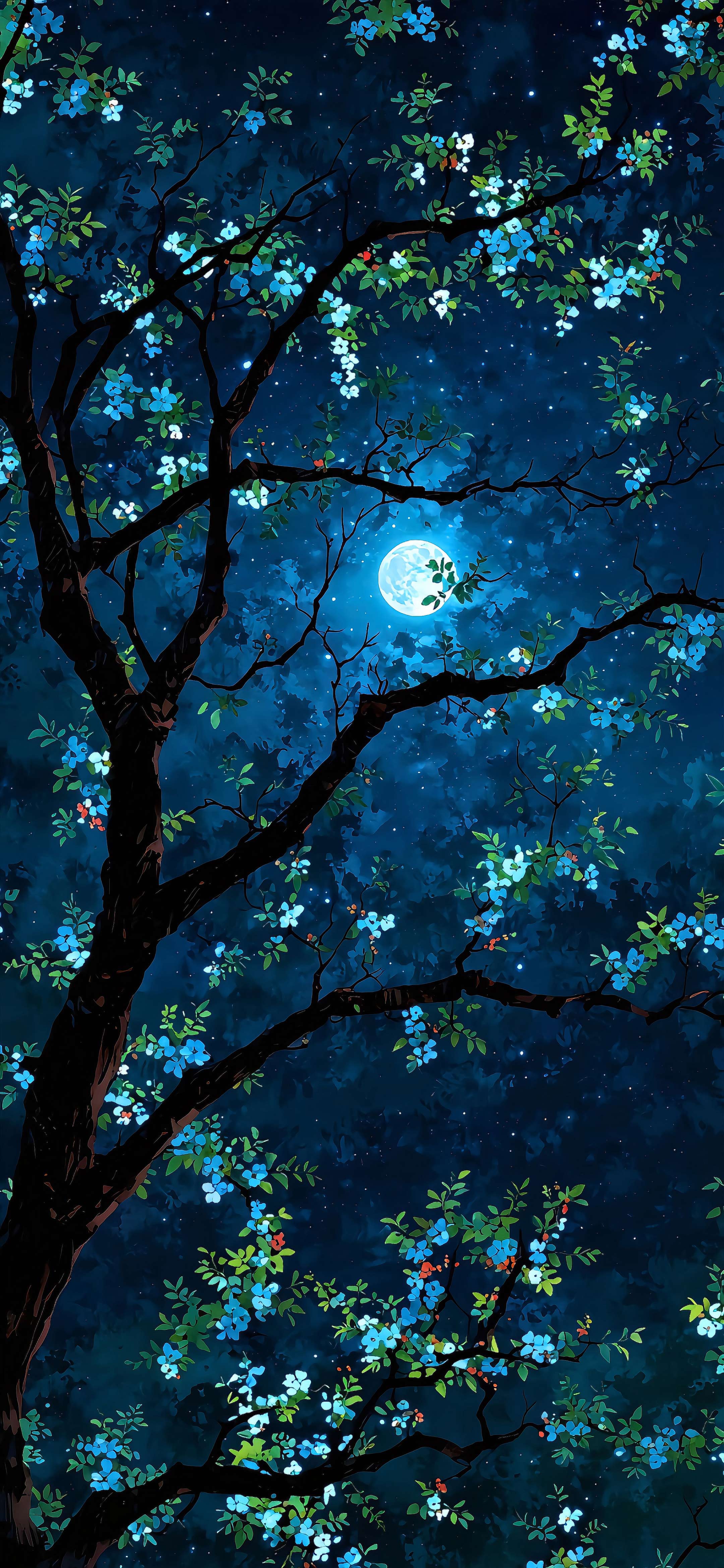 月夜繁花树枝动漫壁纸 深蓝星空月亮治愈竖版手机锁屏