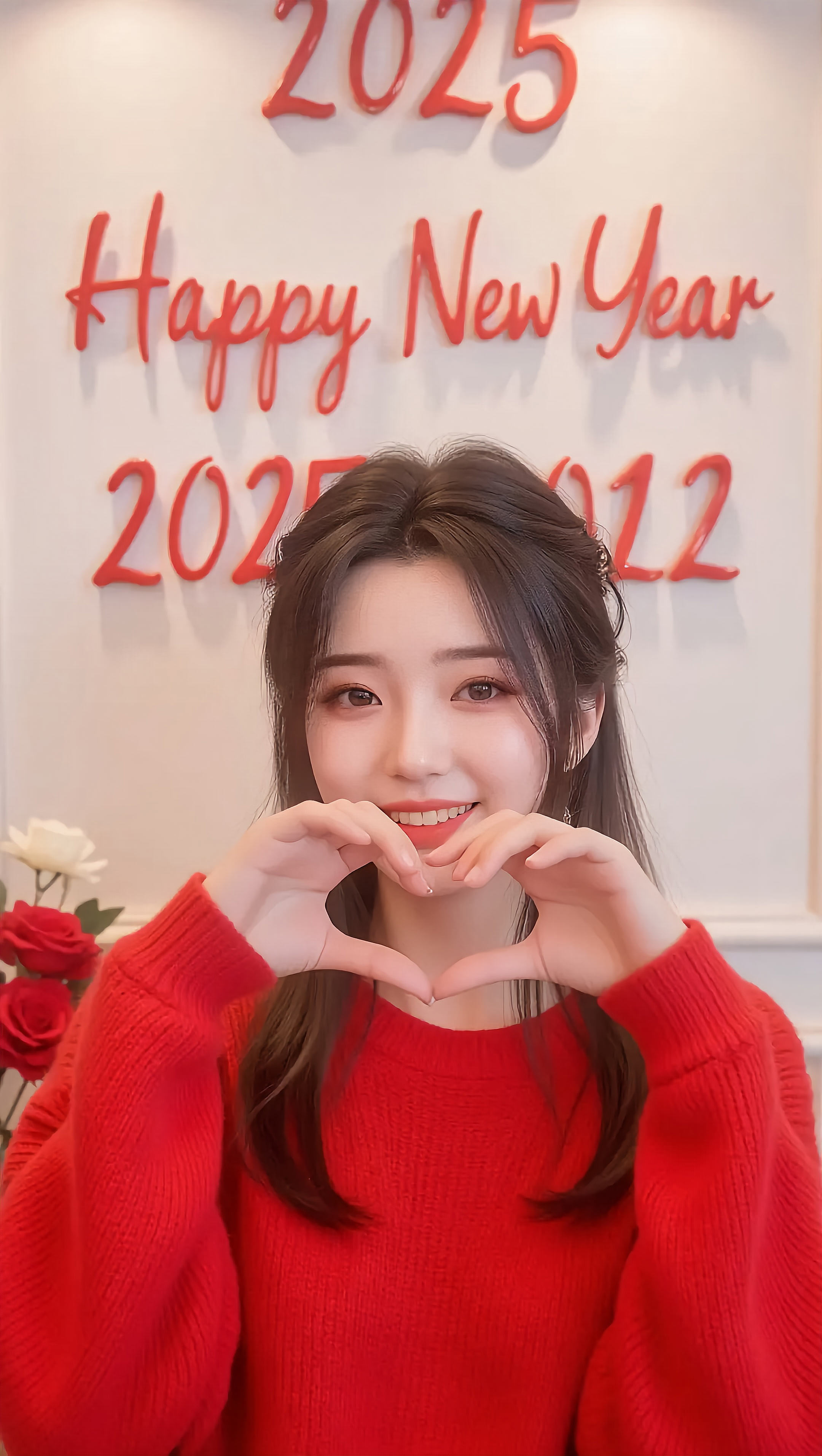 新年红色毛衣胸前比心甜美女生 4K 手机壁纸｜喜庆新年人像竖版锁屏背景