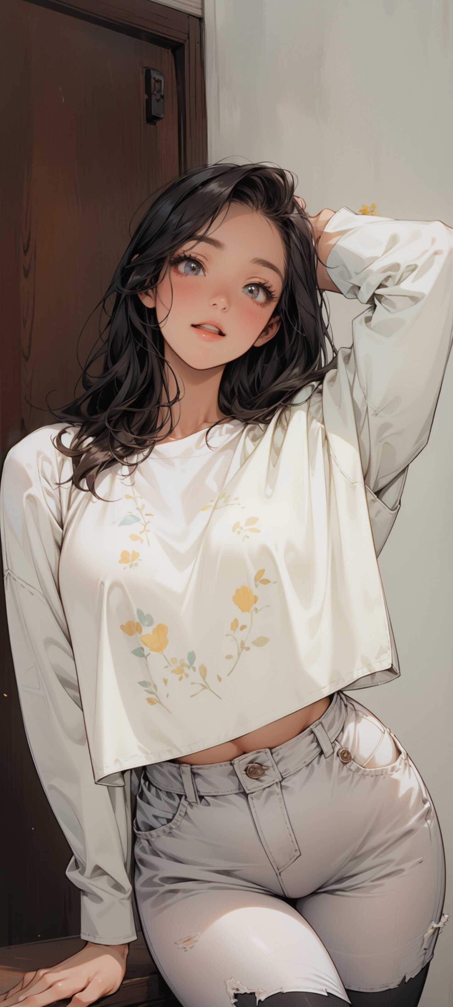 清新写实日系 4K 高清手机壁纸 黑长卷发居家少女浅色系穿搭人像插画