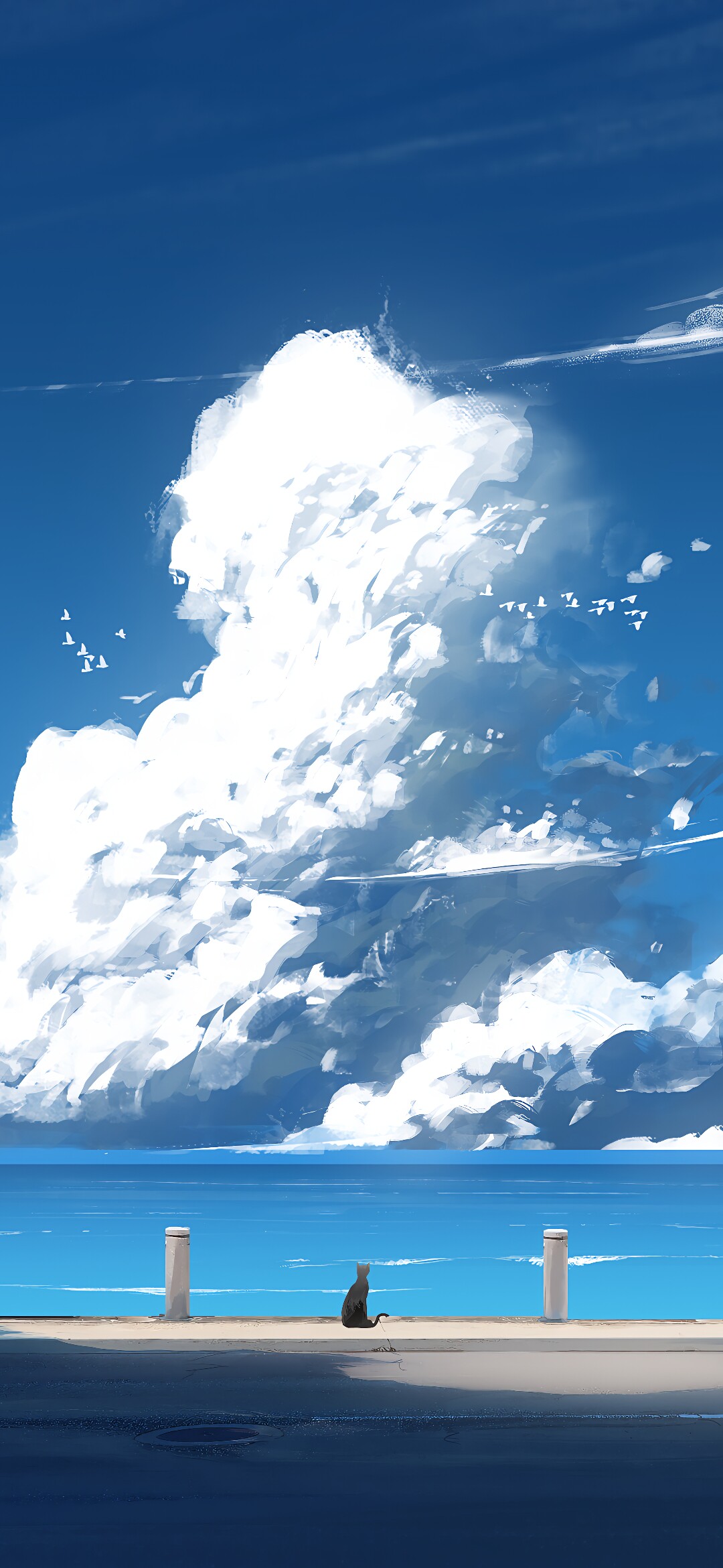 治愈系 4K 动漫手机壁纸 海边码头黑猫夏日海景插画