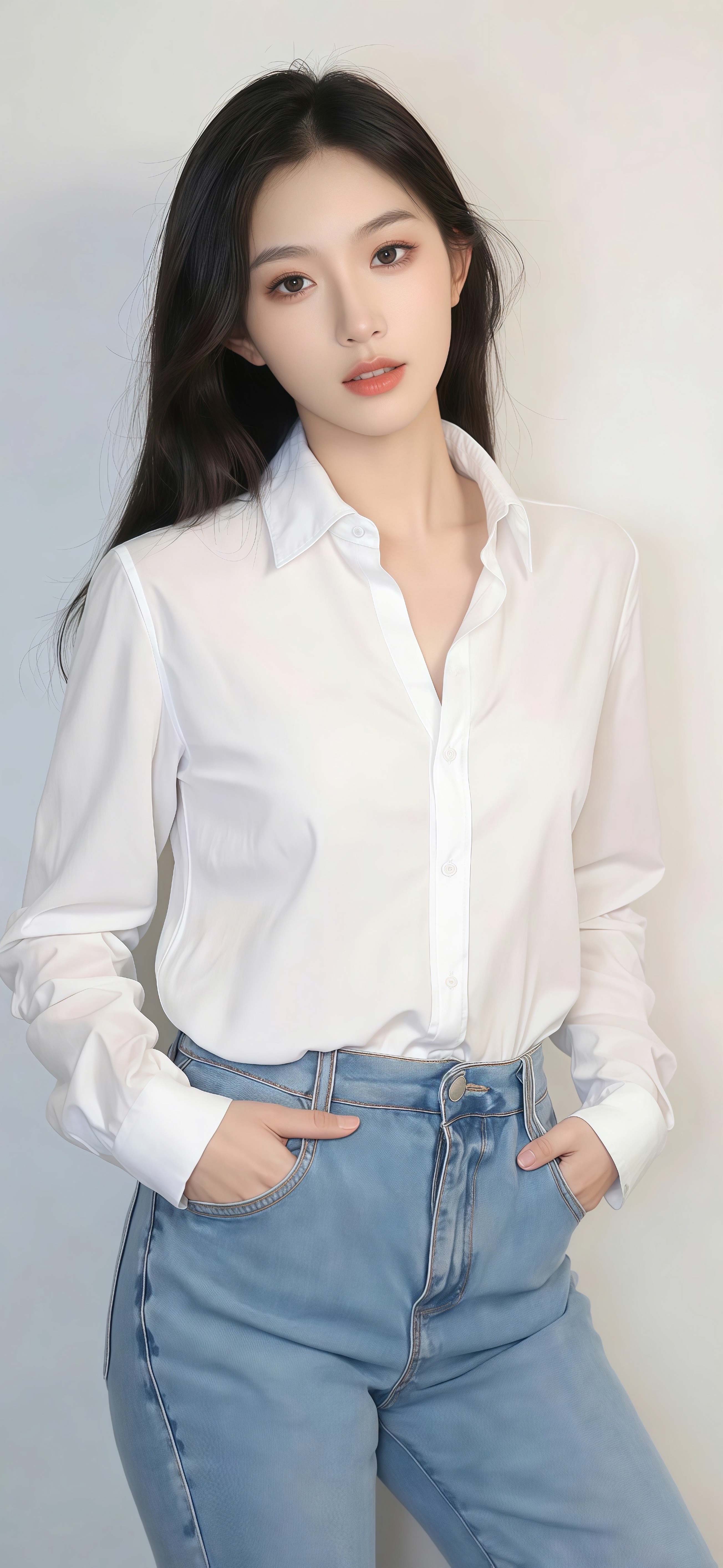 简约通勤风壁纸 白衬衫牛仔裤少女竖版手机锁屏
