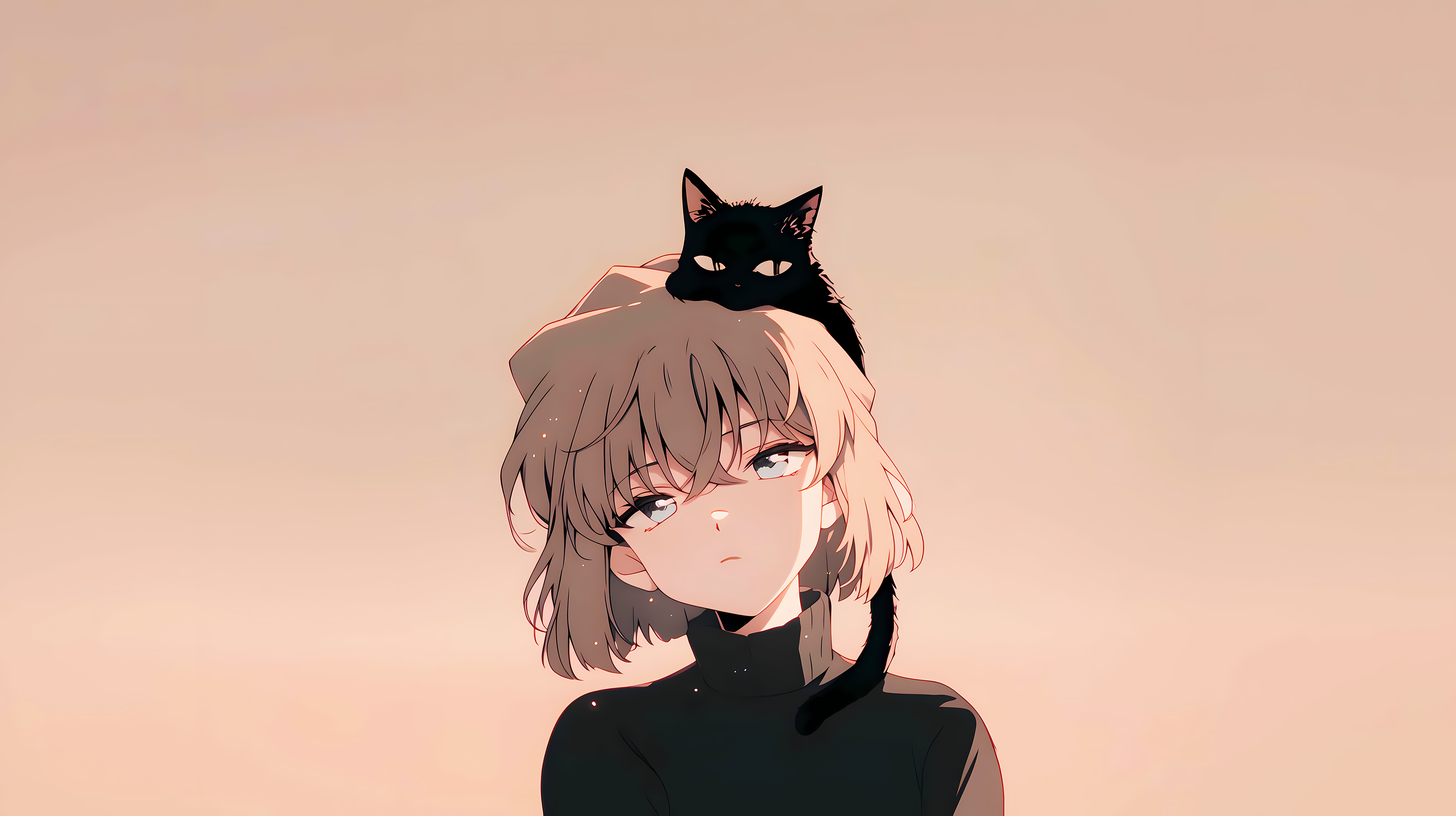 灰原哀头顶黑猫治愈动漫壁纸 名侦探柯南暖调日系横版4k电脑桌面