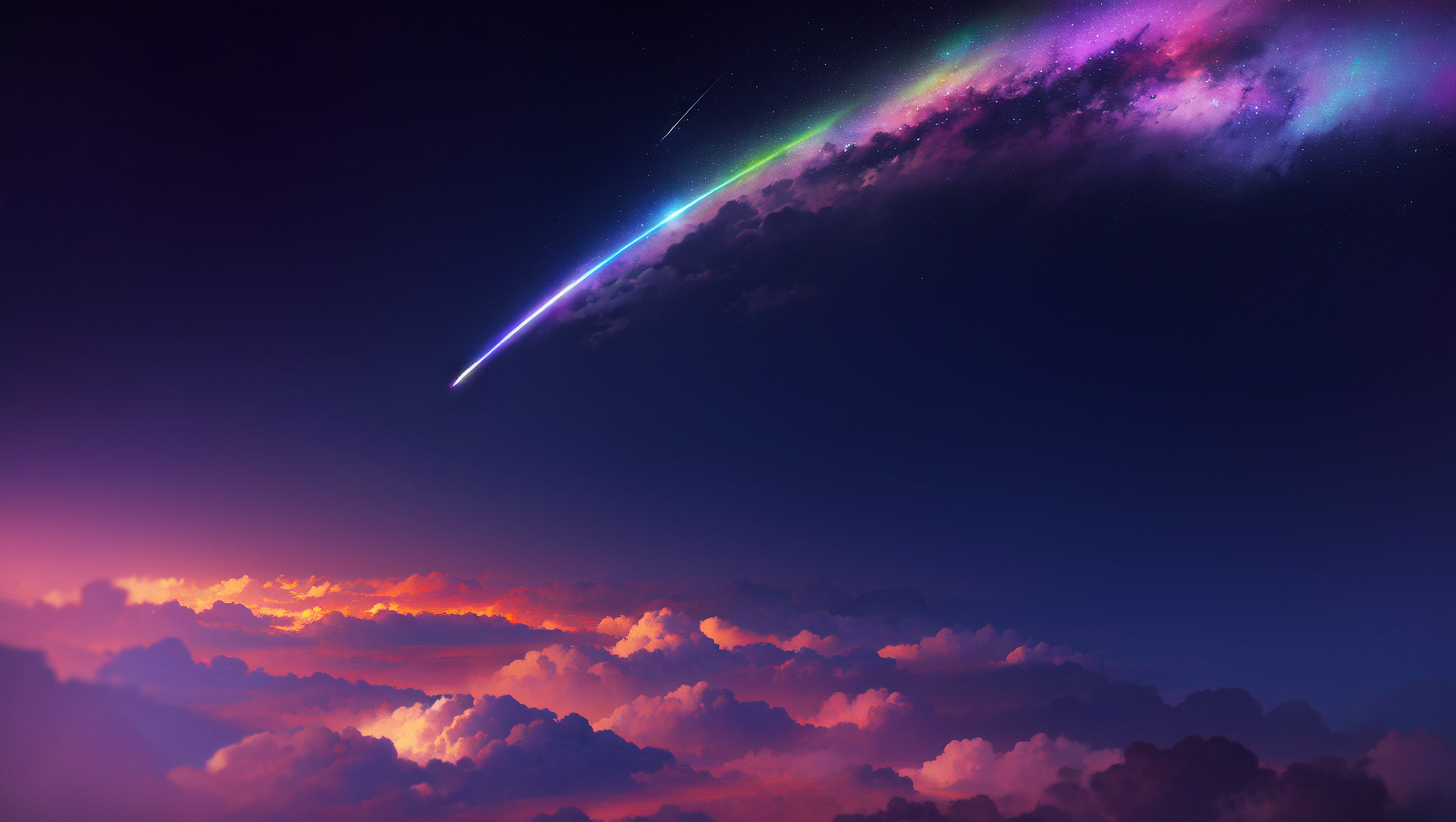 紫霞云海彩虹流星高清 4K 壁纸|梦幻黄昏星空风景插画