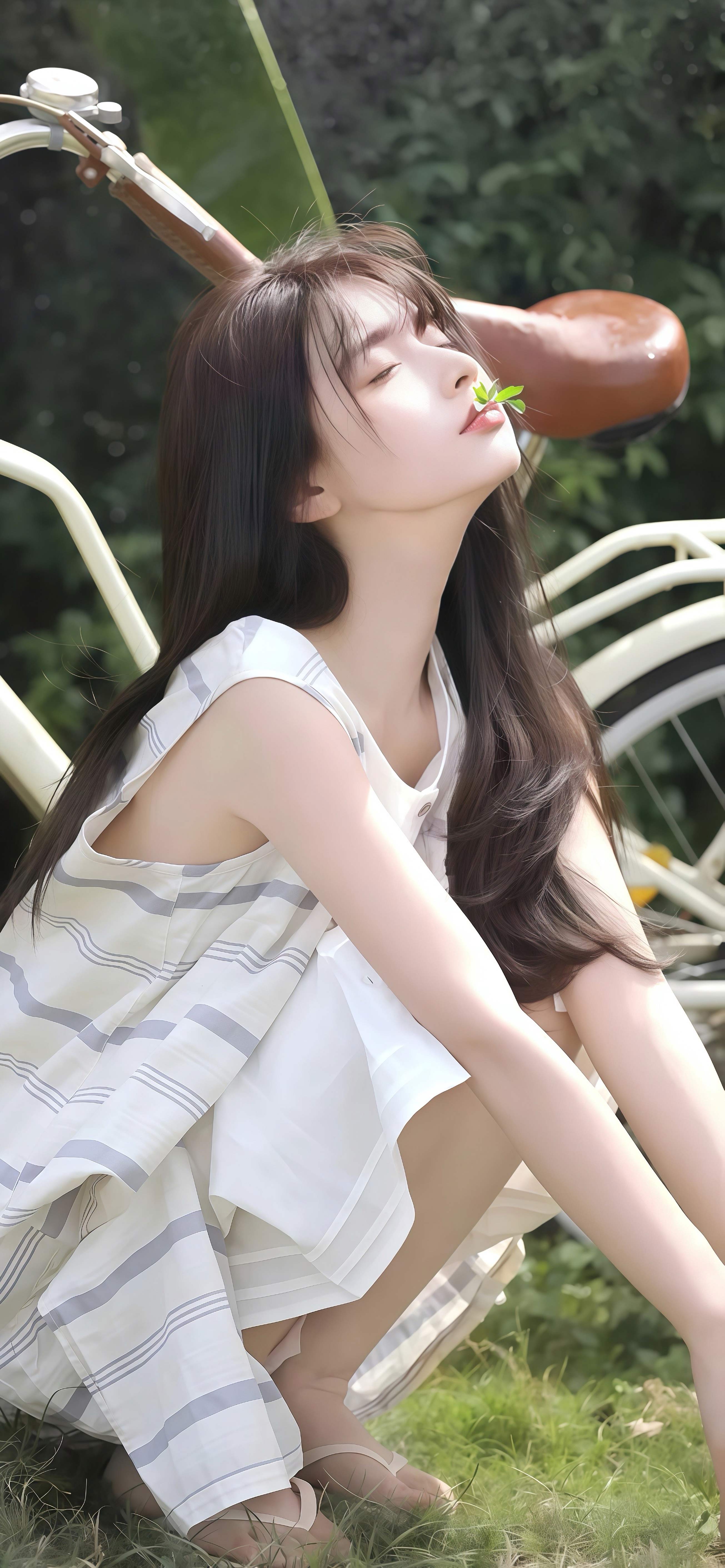 夏日草地清新壁纸 自行车少女竖版手机锁屏