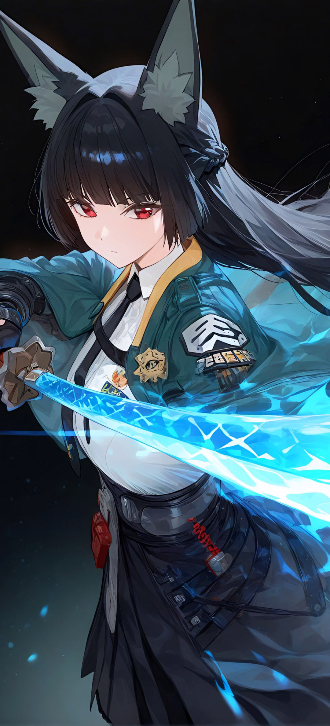 4K 高清无水印绝区零星见雅竖版手机壁纸,黑长直狐耳少女,红色眼眸,手持蓝光武士刀,二次元游戏原画