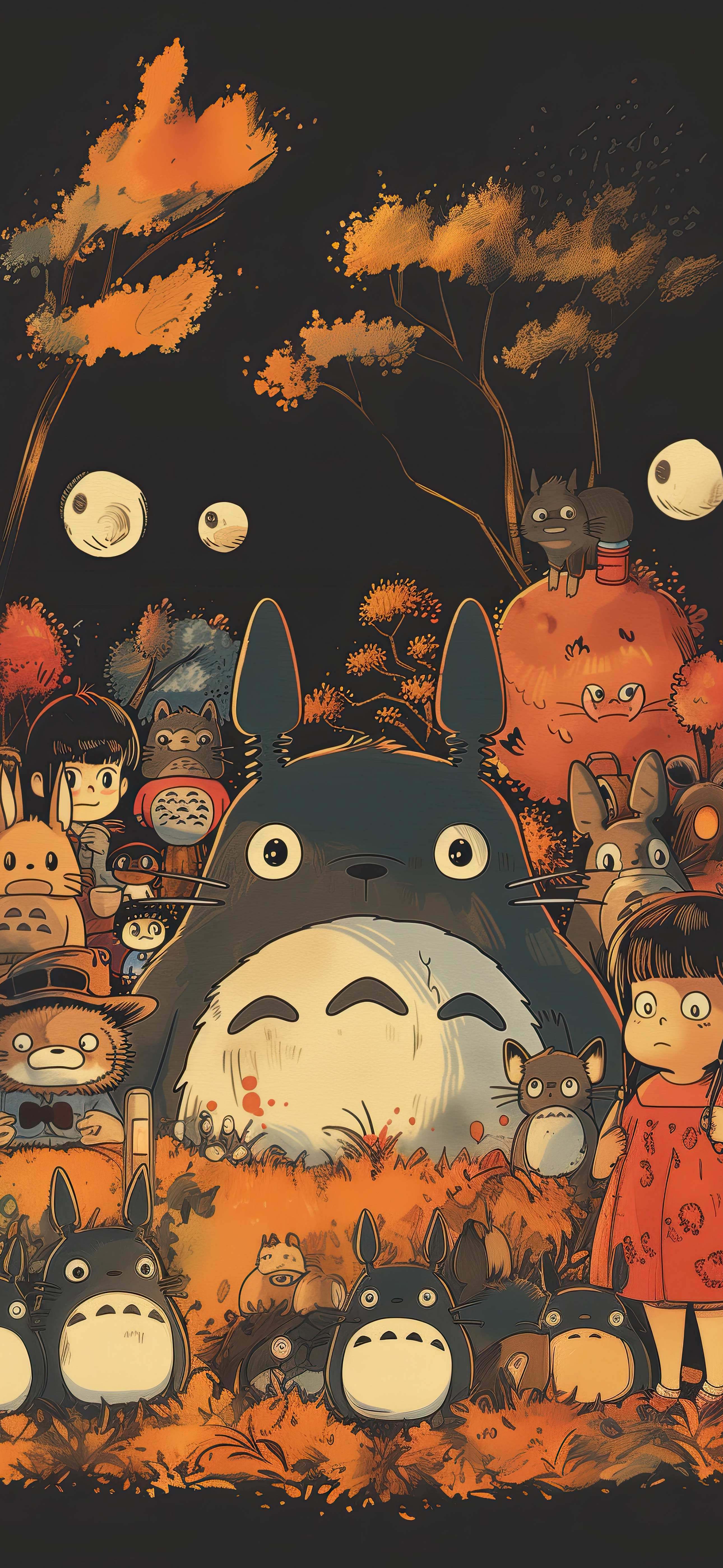 4K 高清无水印竖版手机壁纸,宫崎骏龙猫全家福深色背景插画,秋日橙红森林小梅小月,复古动漫锁屏