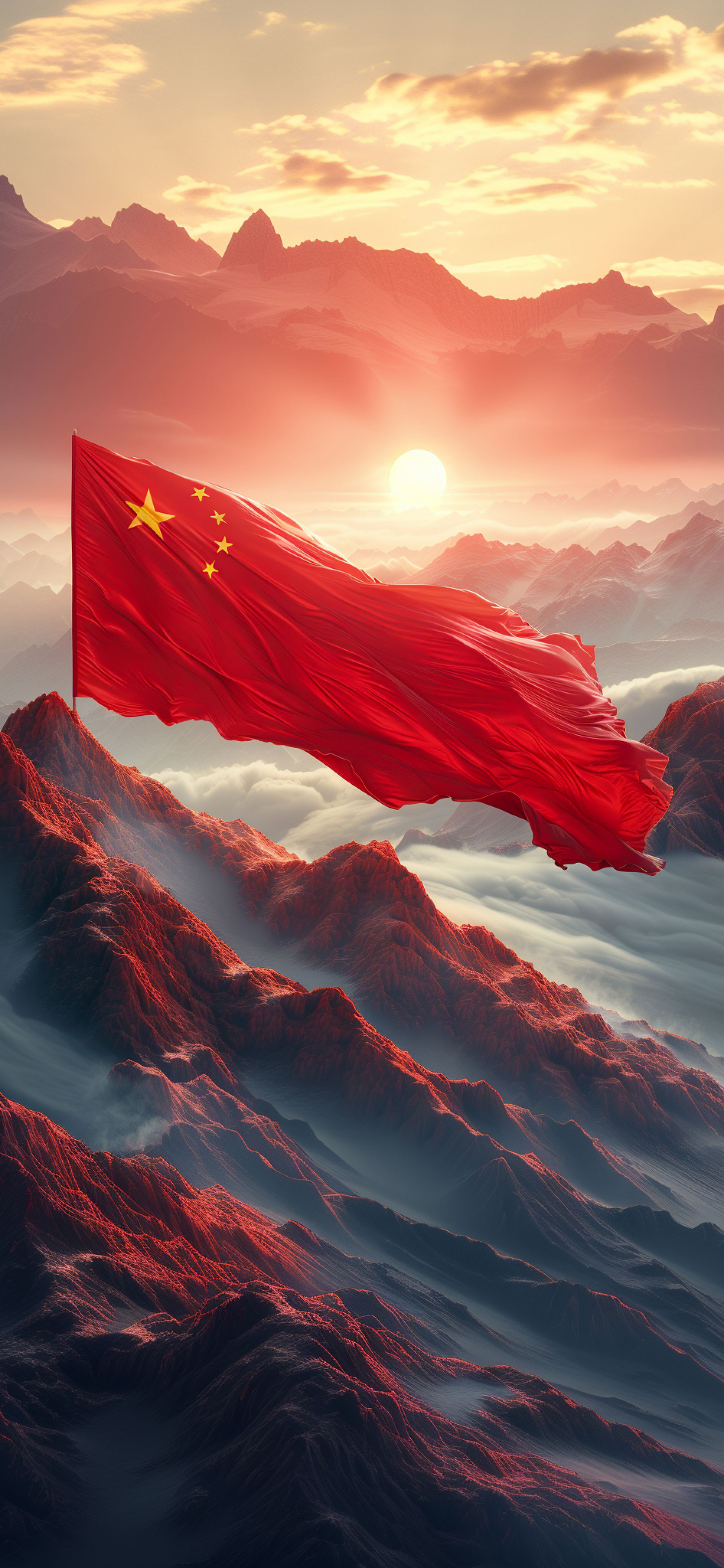4K 高清五星红旗手机壁纸,日出群山云海中国国旗,爱国主题无水印手机背景图