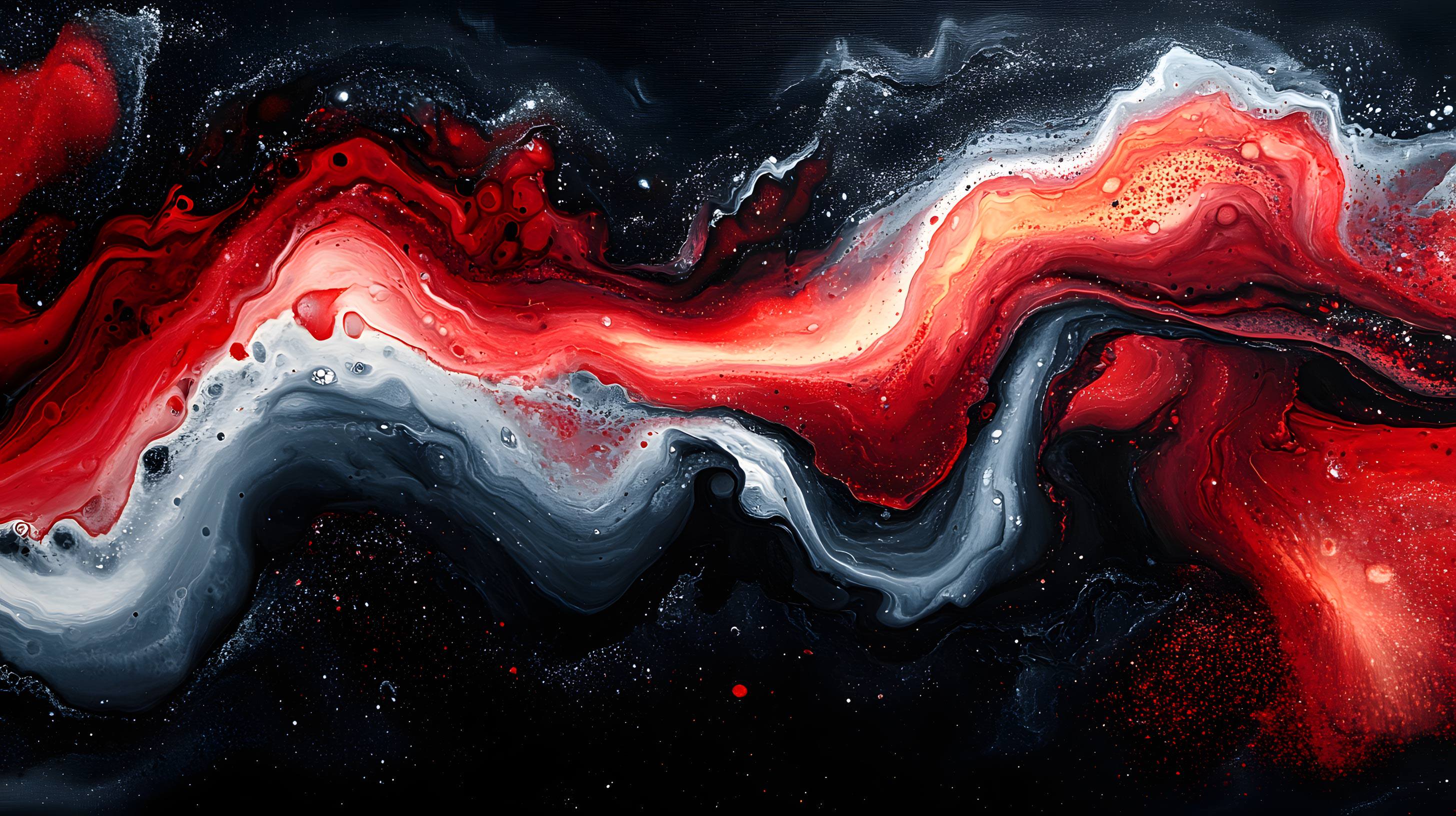 4K 高清红黑白流体艺术电脑壁纸,树脂颜料流动抽象油画,星空颗粒横版背景