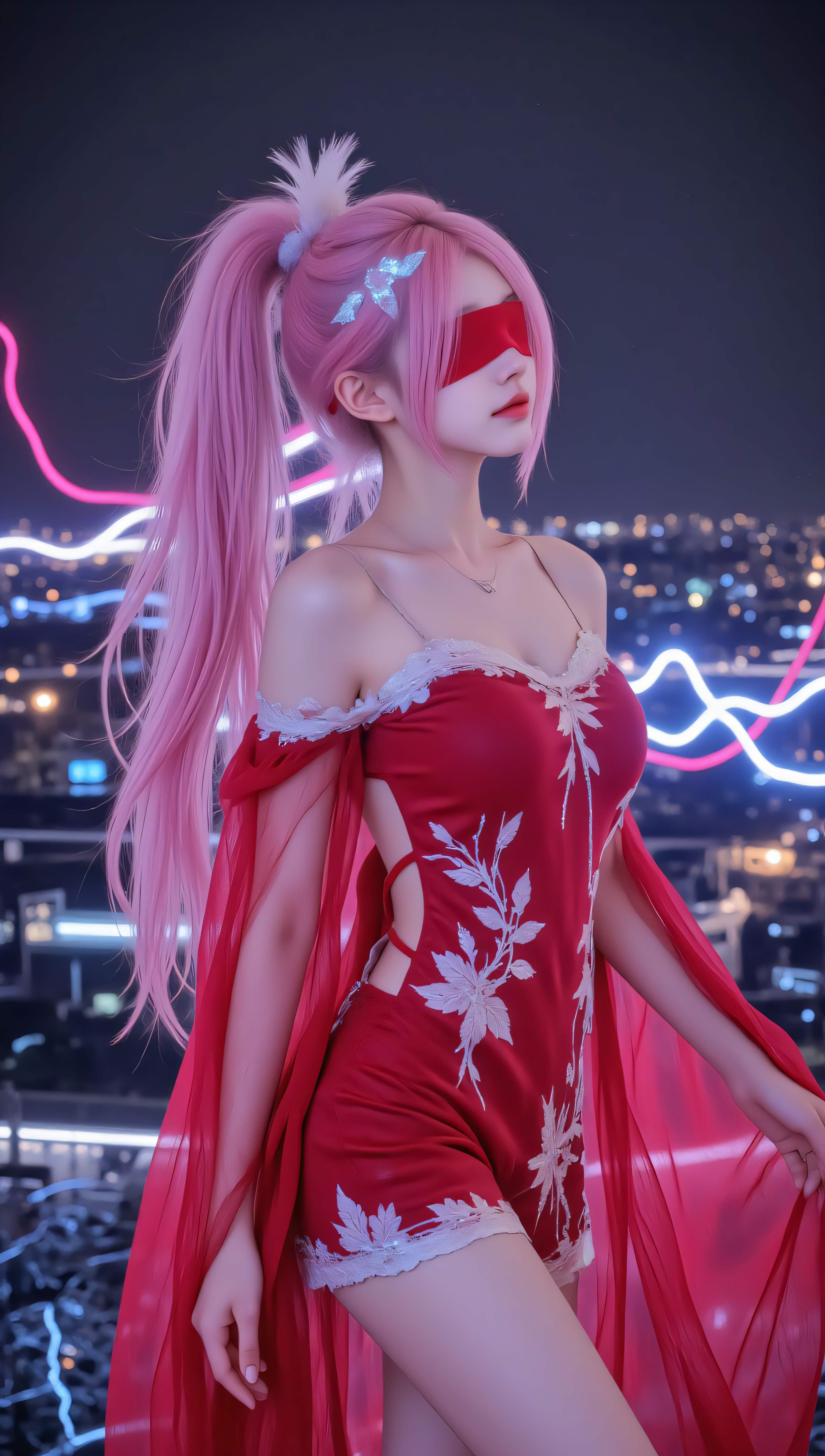 赛博朋克霓虹夜景粉发红裙少女 4K 手机壁纸｜都市二次元人像竖版锁屏背景