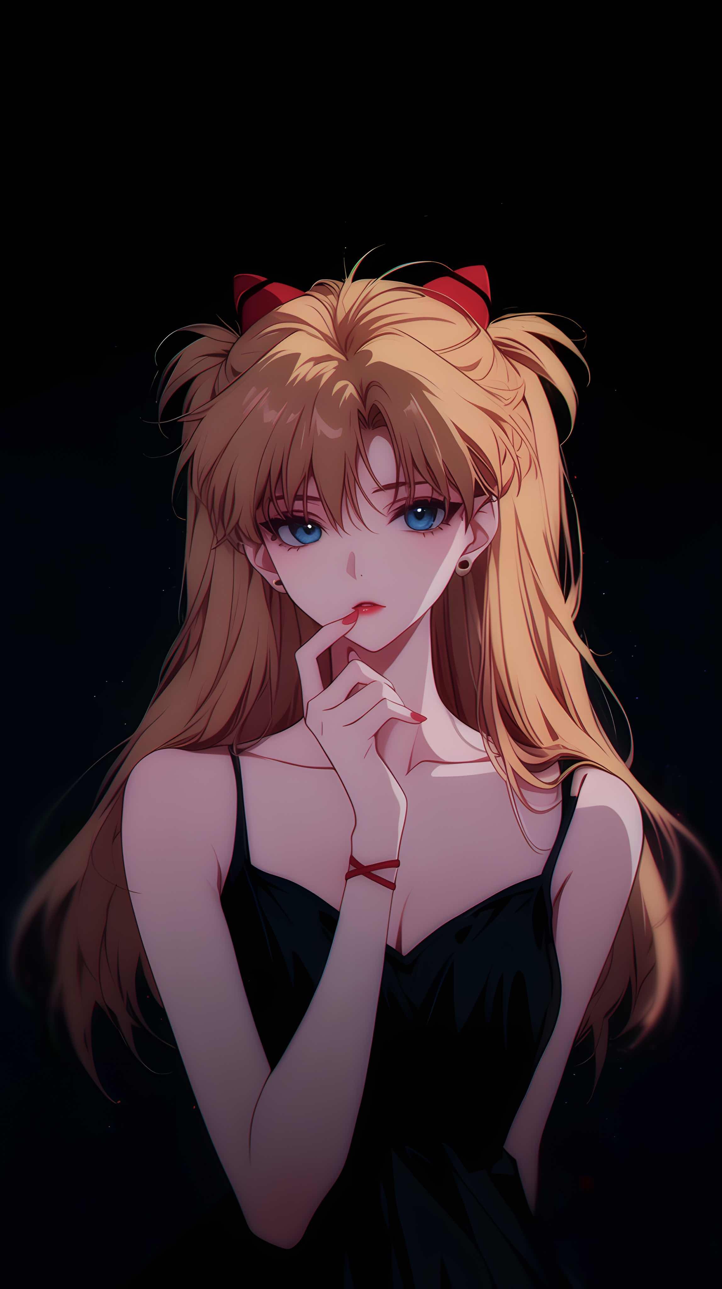 EVA 明日香壁纸 黑底冷调红色蝴蝶结二次元少女竖版手机锁屏