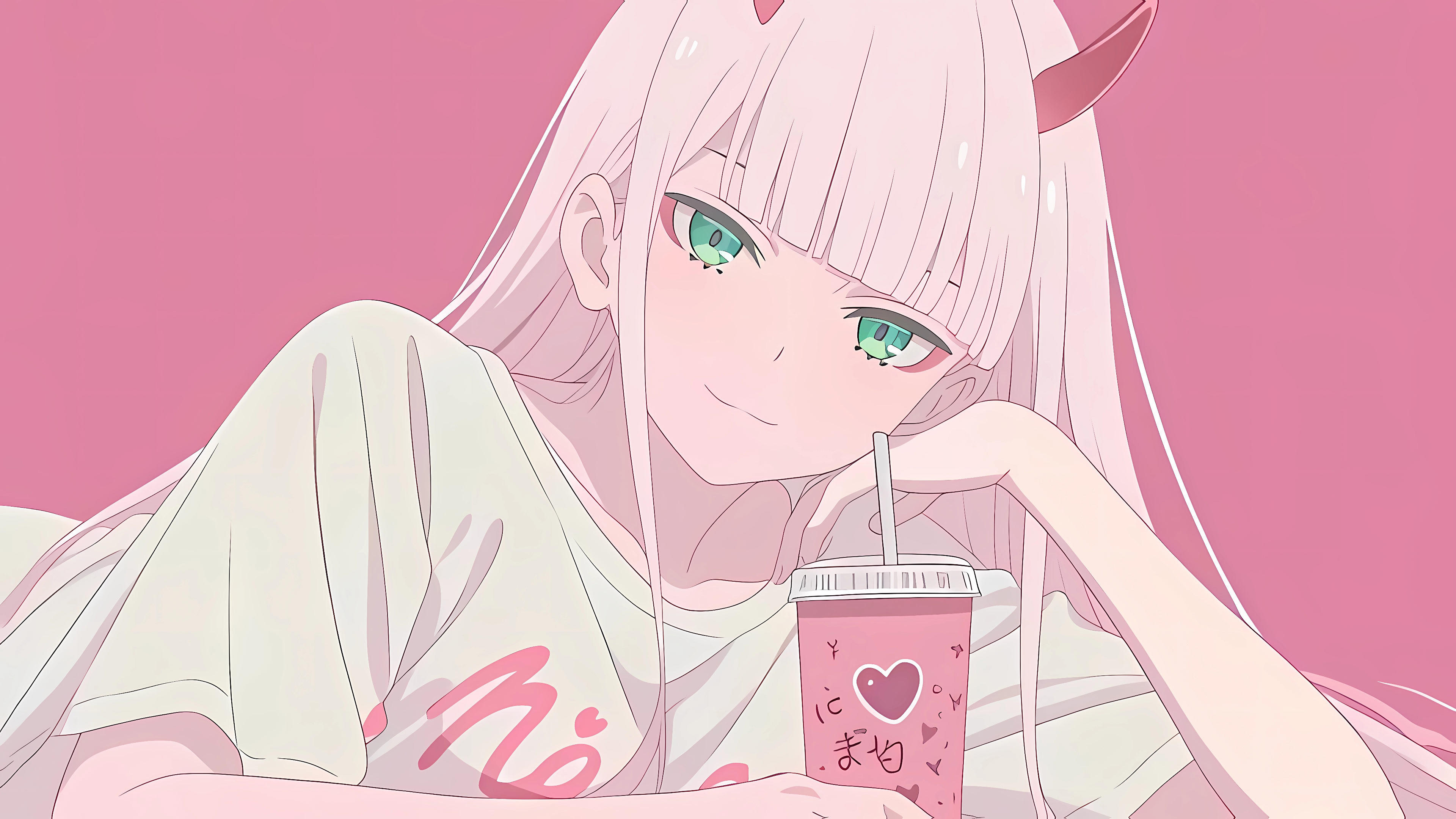 02 喝奶茶可爱高清 4K 壁纸|DARLING in the FRANXX 零二休闲风插画
