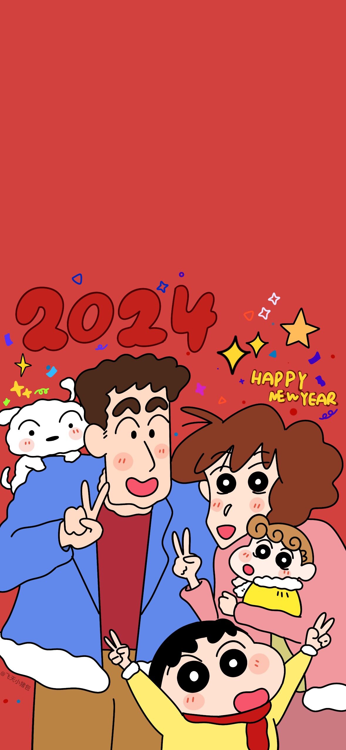 蜡笔小新一家新年喜庆红色 4K 卡通手机壁纸