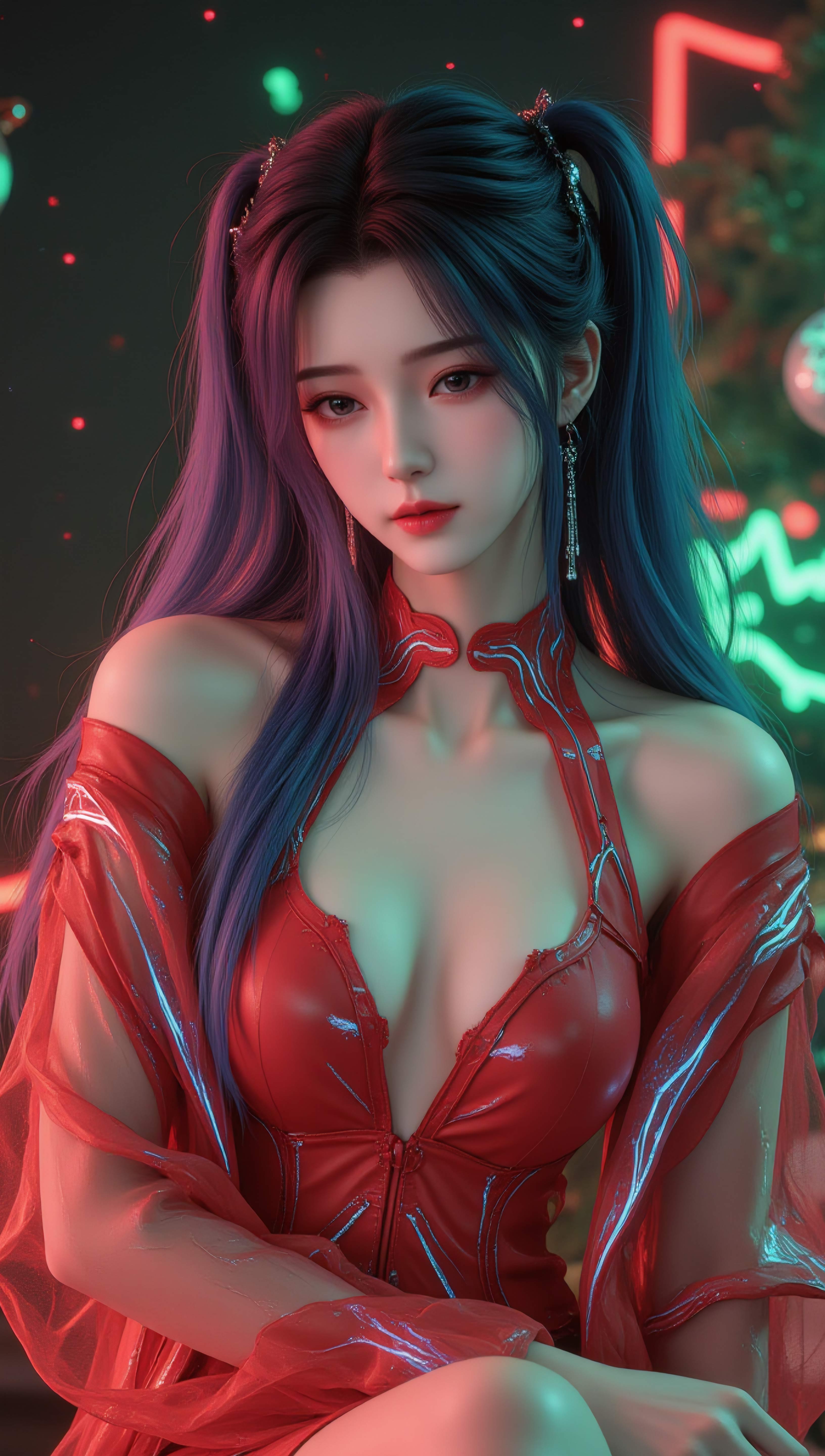 圣诞霓虹渐变蓝紫双马尾红衣少女 4K 手机壁纸｜节日氛围感二次元人像竖版锁屏背景