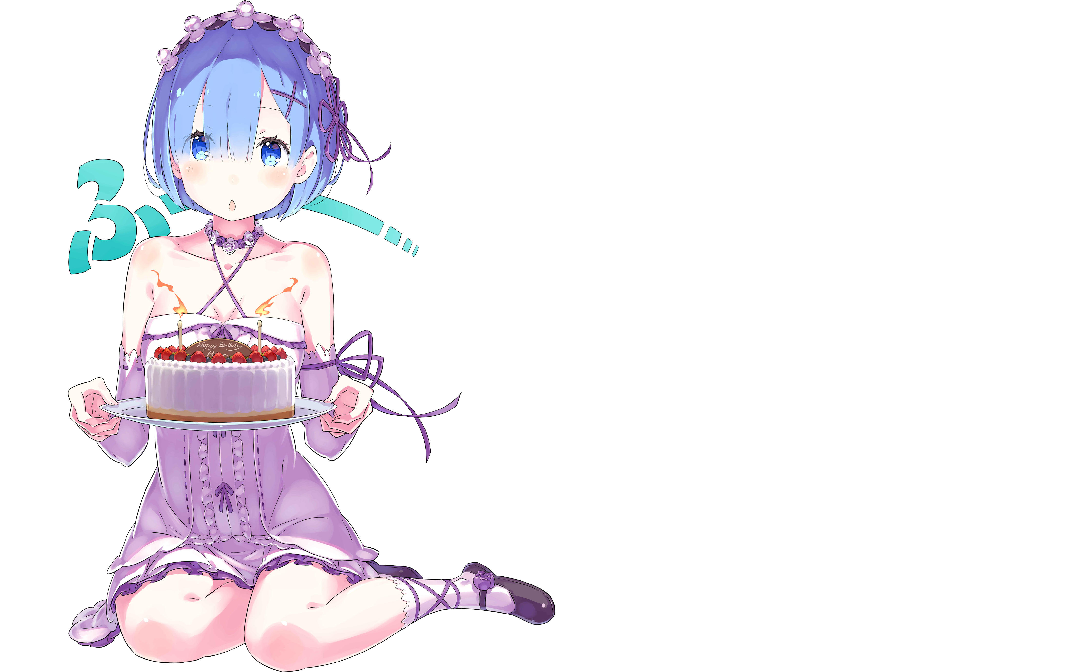 Re:0 雷姆生日蛋糕 4K 横版电脑壁纸,紫色生日礼服,手持草莓蛋糕,纯白背景,日系动漫原画