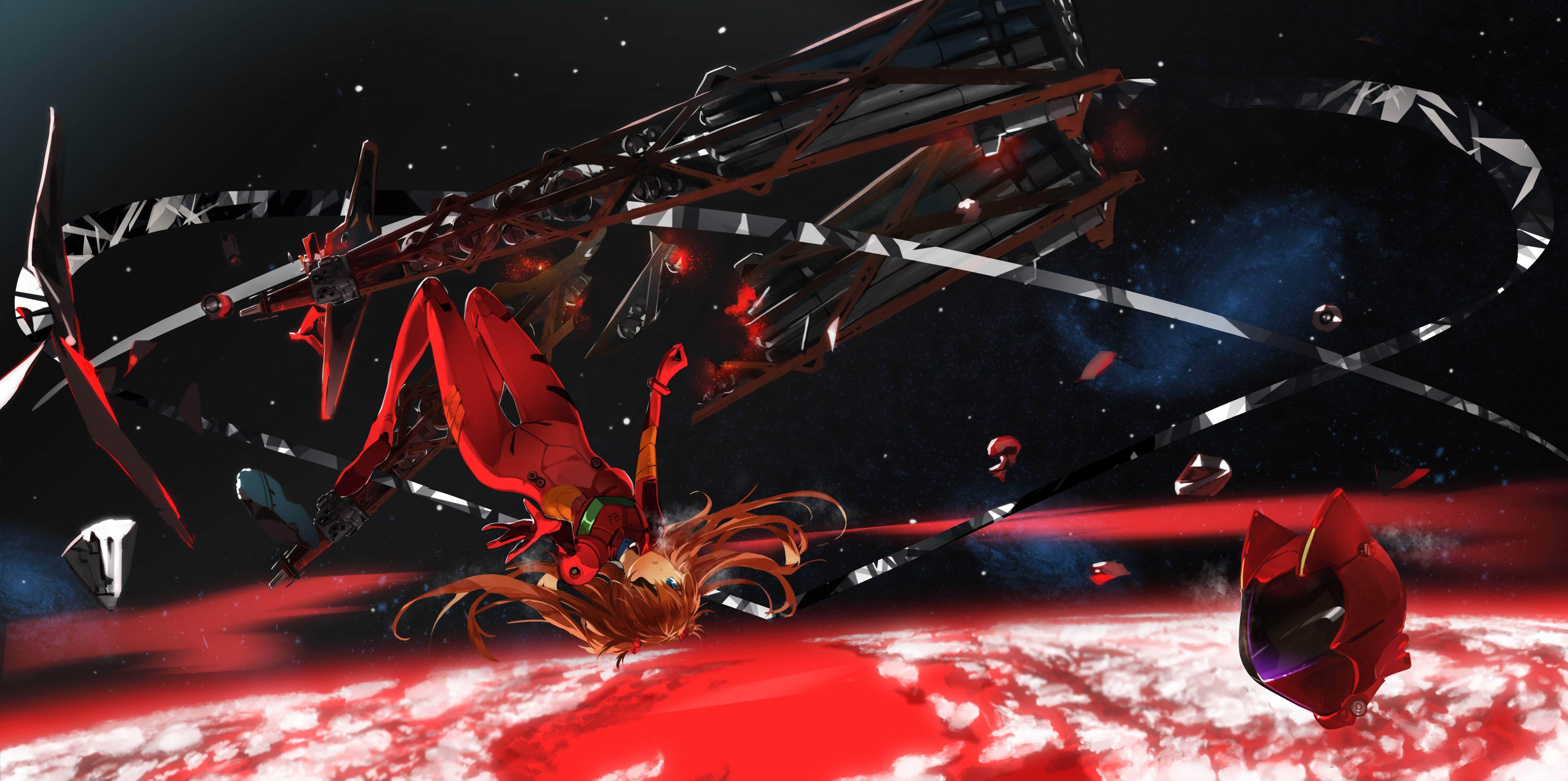 EVA 明日香太空场景 4K 横版电脑壁纸,红色作战服,破碎空间站,红色星球,星空背景,日系动漫插画
