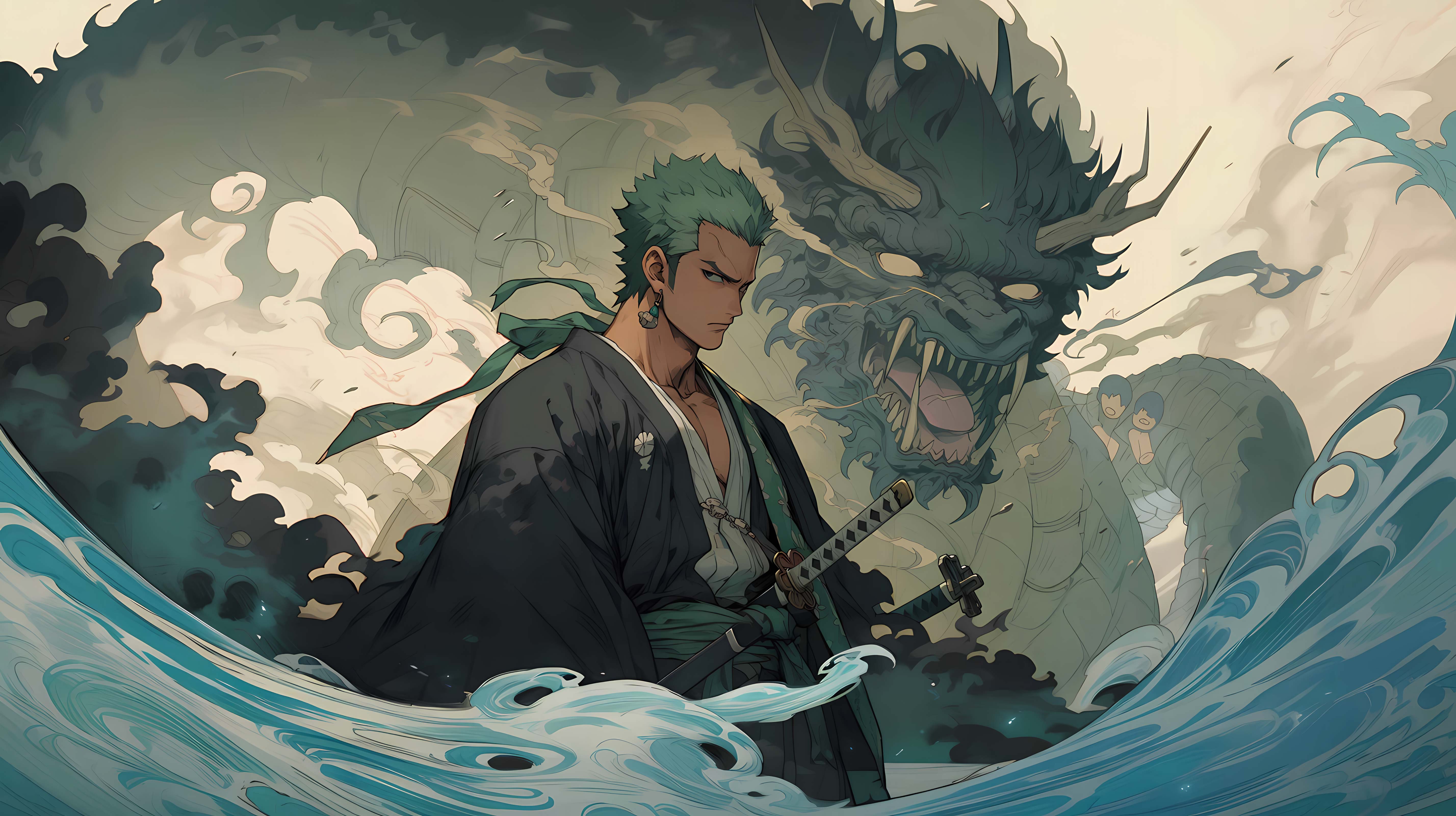 4K 海贼王索隆巨龙浮世绘插画 高清无水印电脑桌面壁纸