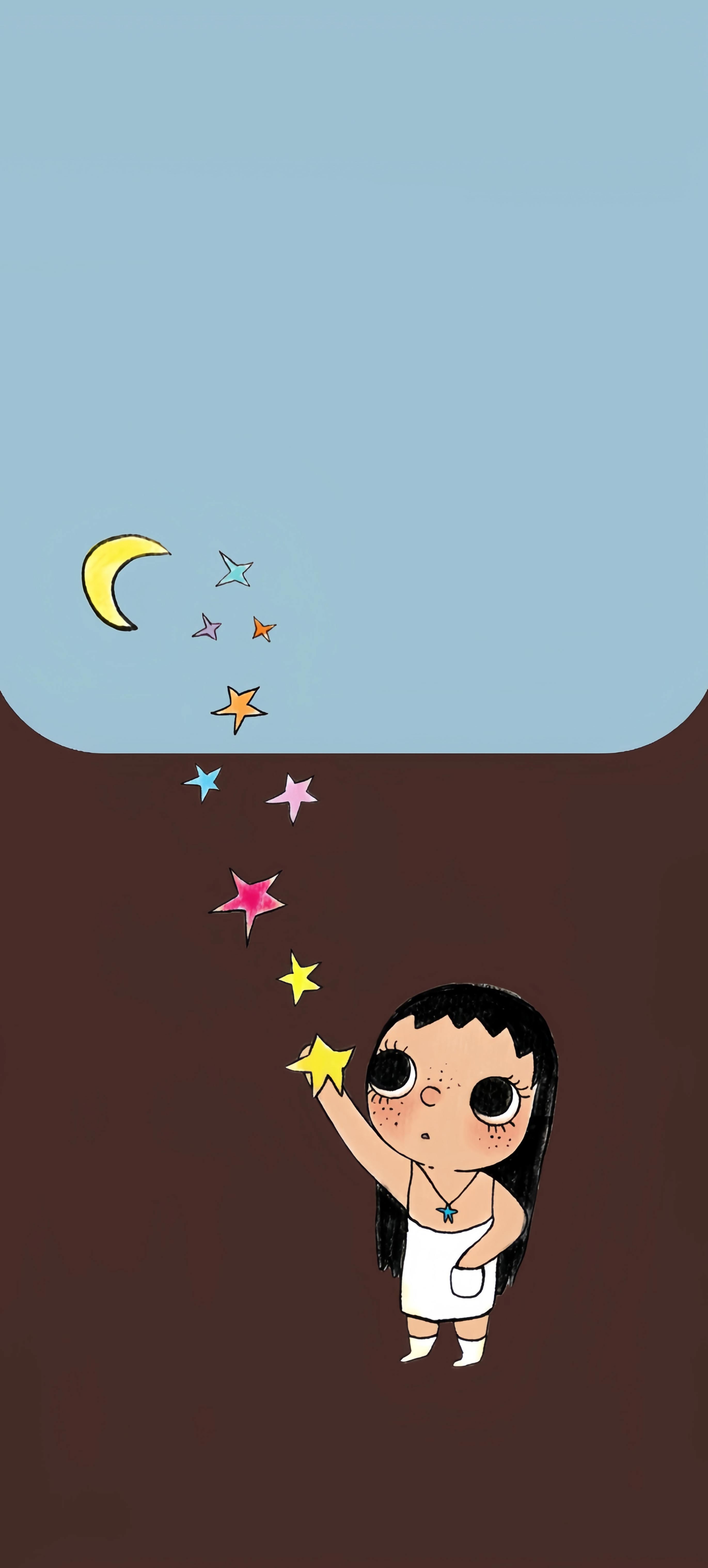 大眼女孩摘星星壁纸 蓝棕撞色治愈手绘插画竖版手机锁屏