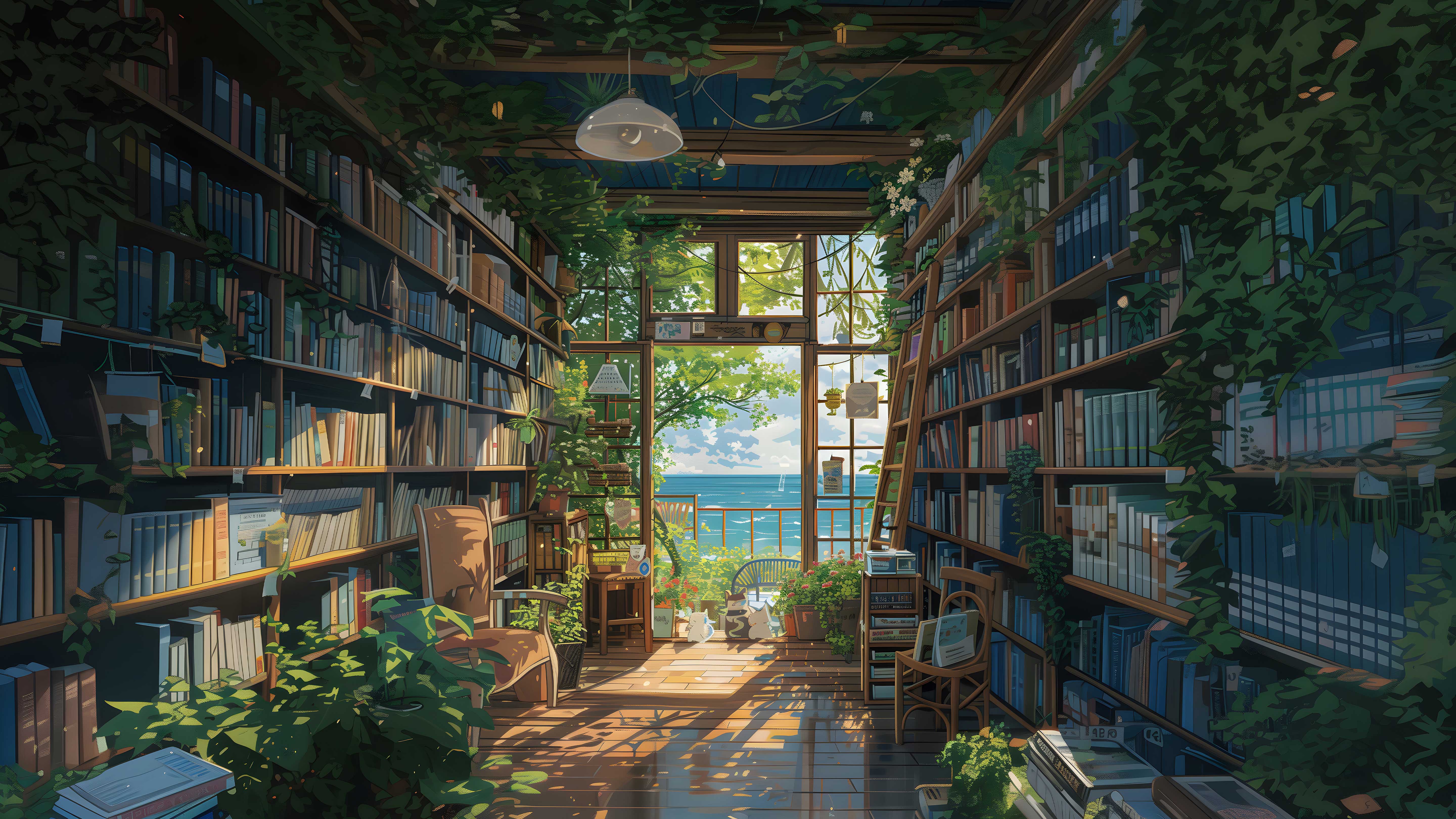 日系治愈海边森林书屋动漫场景 4K 电脑壁纸｜满墙书架绿植海景横版桌面背景