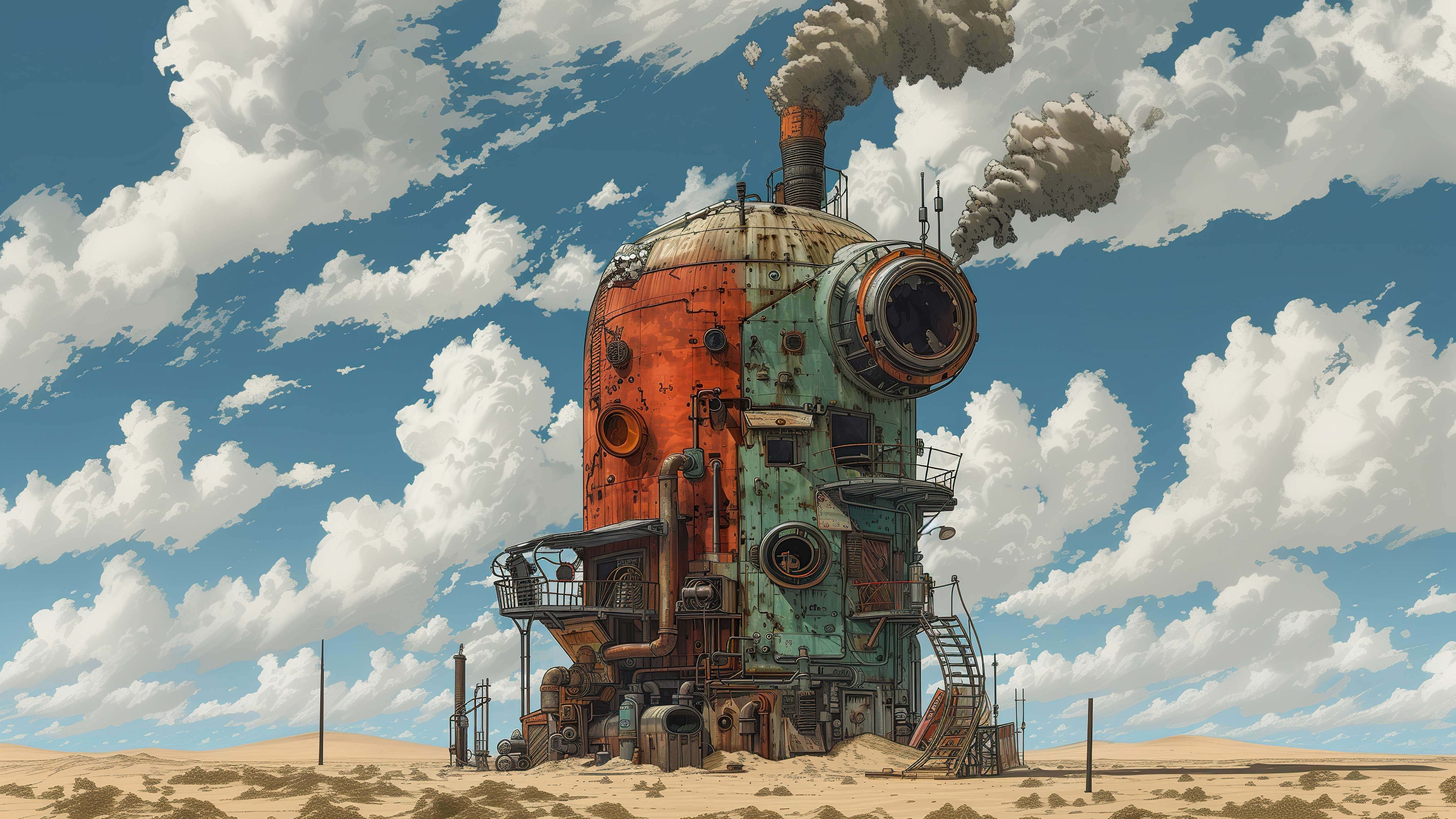 宫崎骏风沙漠蒸汽朋克工厂电脑壁纸 横版 4K 高清无水印