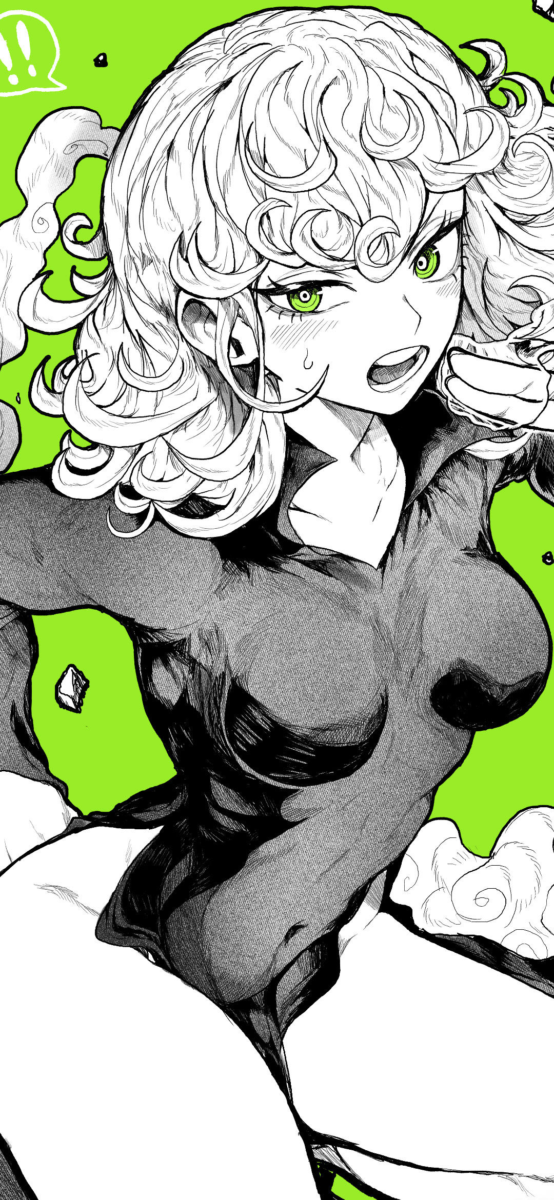 一拳超人龙卷黑白漫画风 4K 竖版手机壁纸,亮绿色背景,卷曲白发,绿色眼眸,日系漫画插画