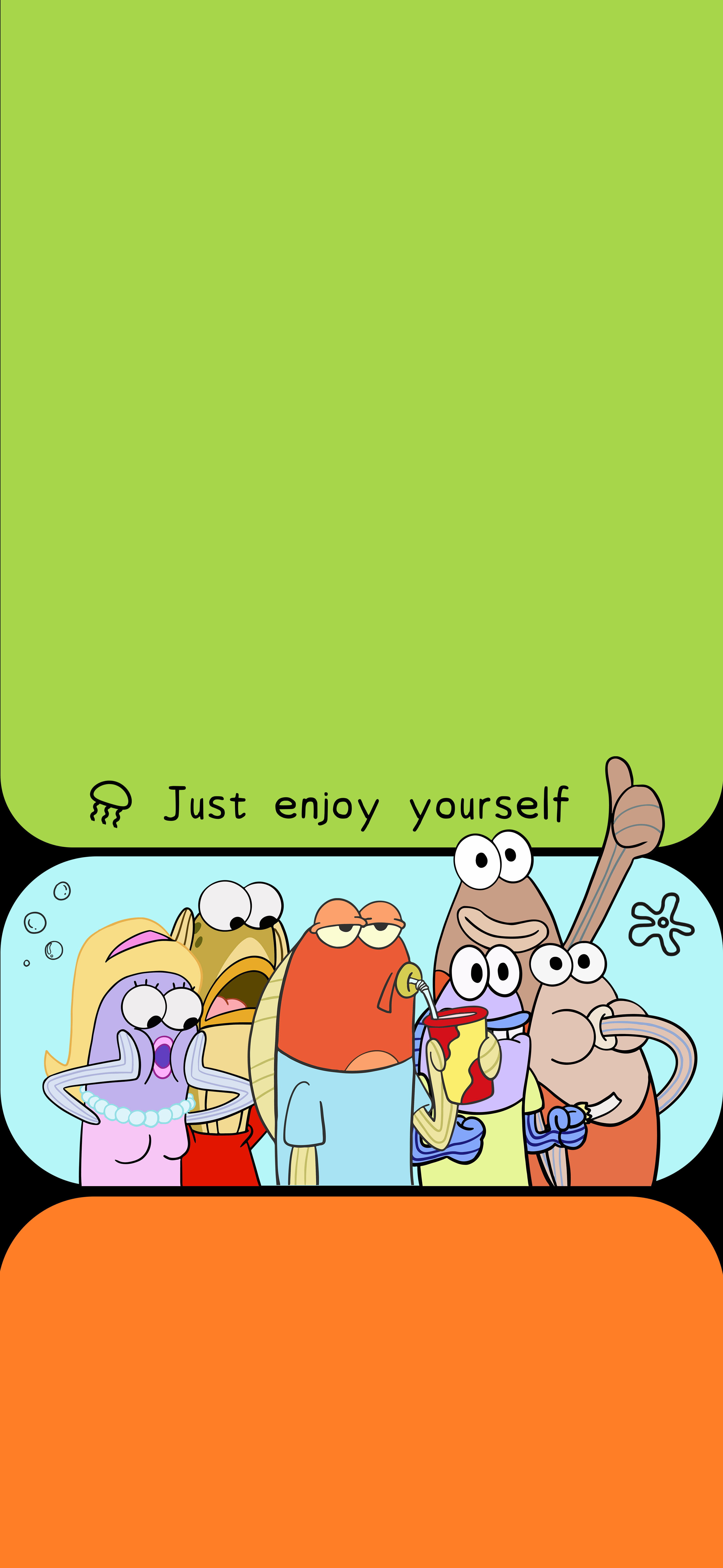 海绵宝宝路人鱼壁纸 Just enjoy yourself 绿底框框趣味卡通竖版手机锁屏