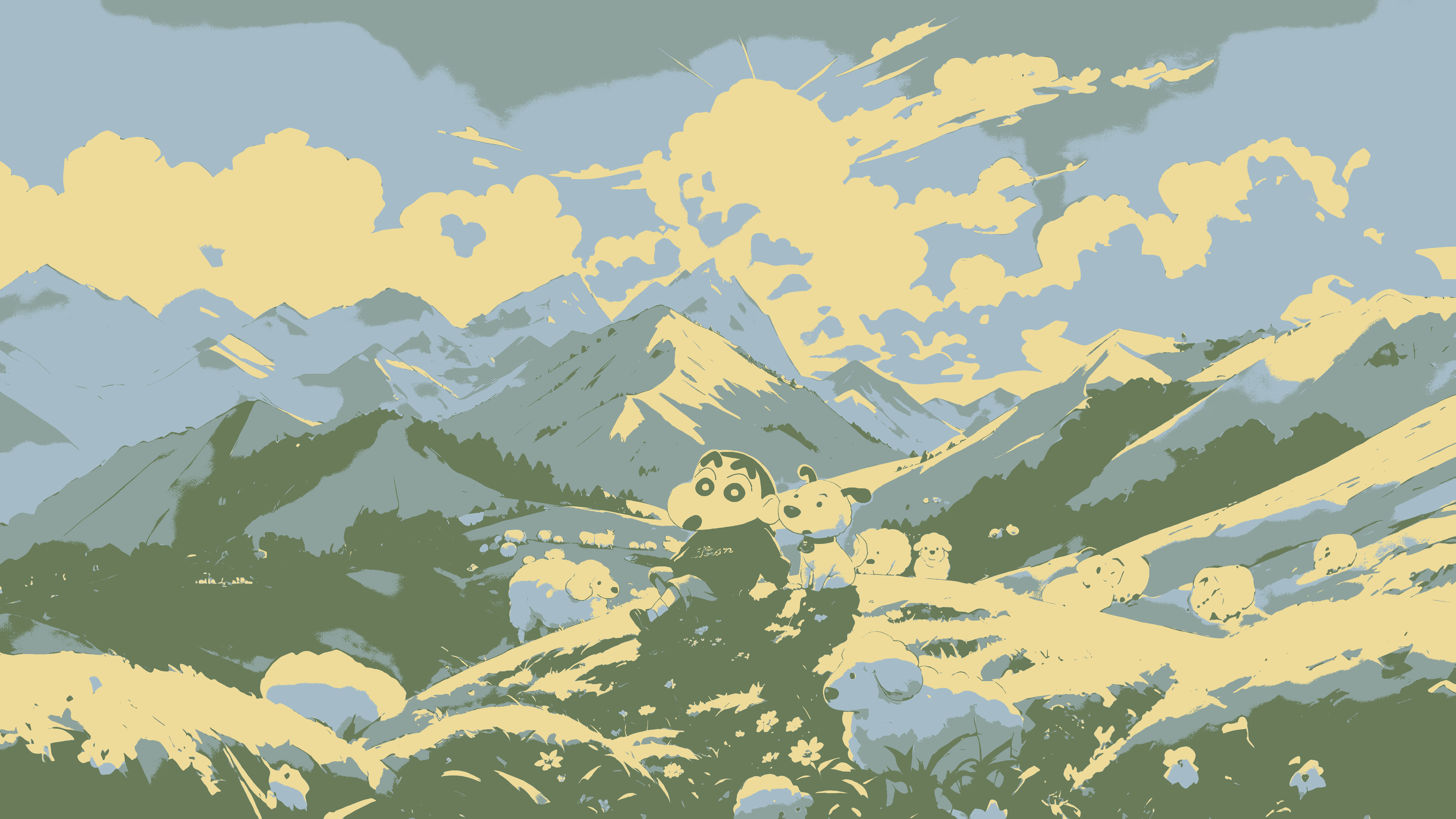 蜡笔小新小白静坐山坡眺望雪山云海壁纸 复古版画山野羊群治愈电脑桌面壁纸