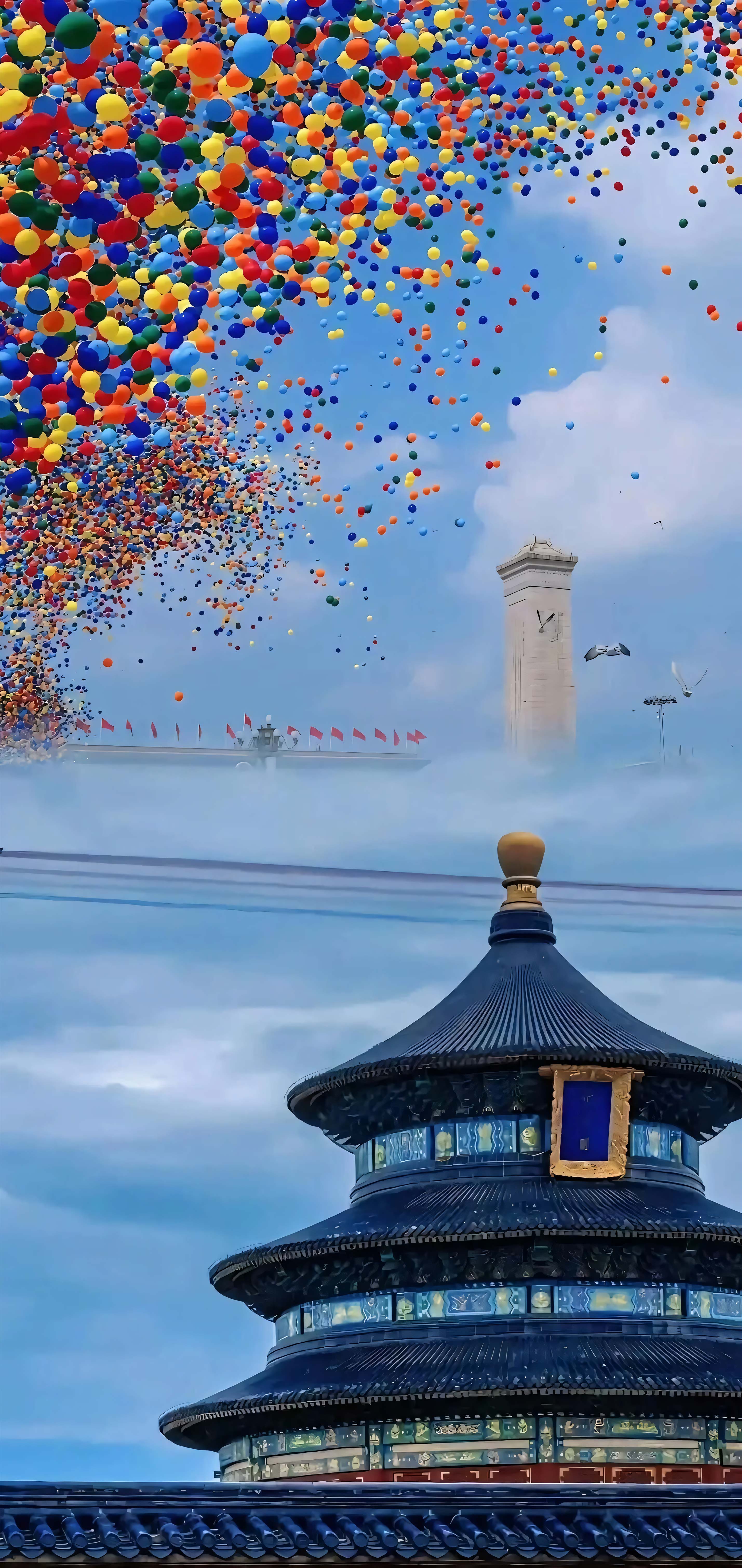 4K 竖版天坛祈年殿彩色气球庆典手机壁纸 爱国无水印图片