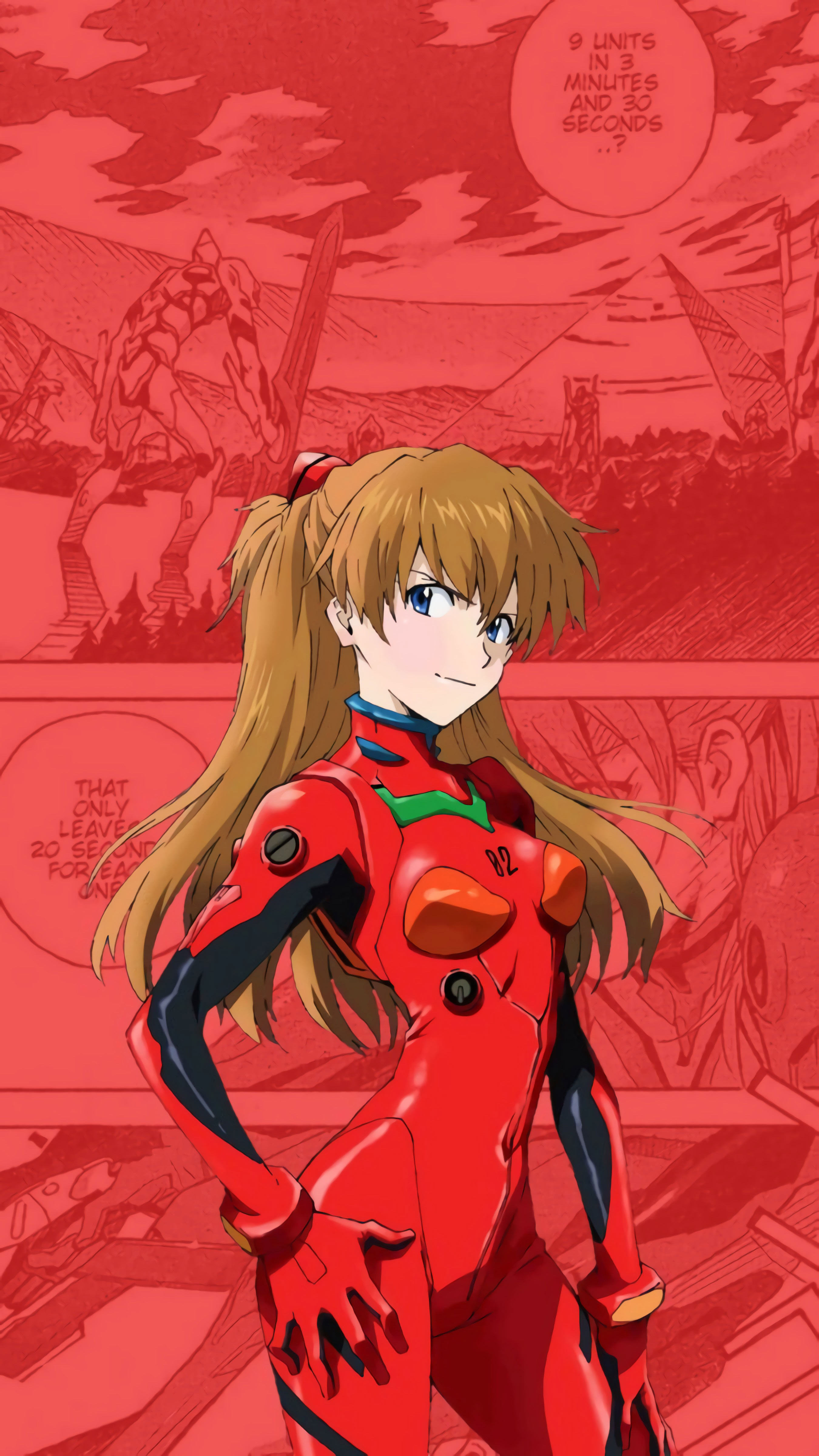EVA 明日香红色战斗服漫画底纹 4K 竖版手机壁纸,红色漫画背景,日系动漫插画