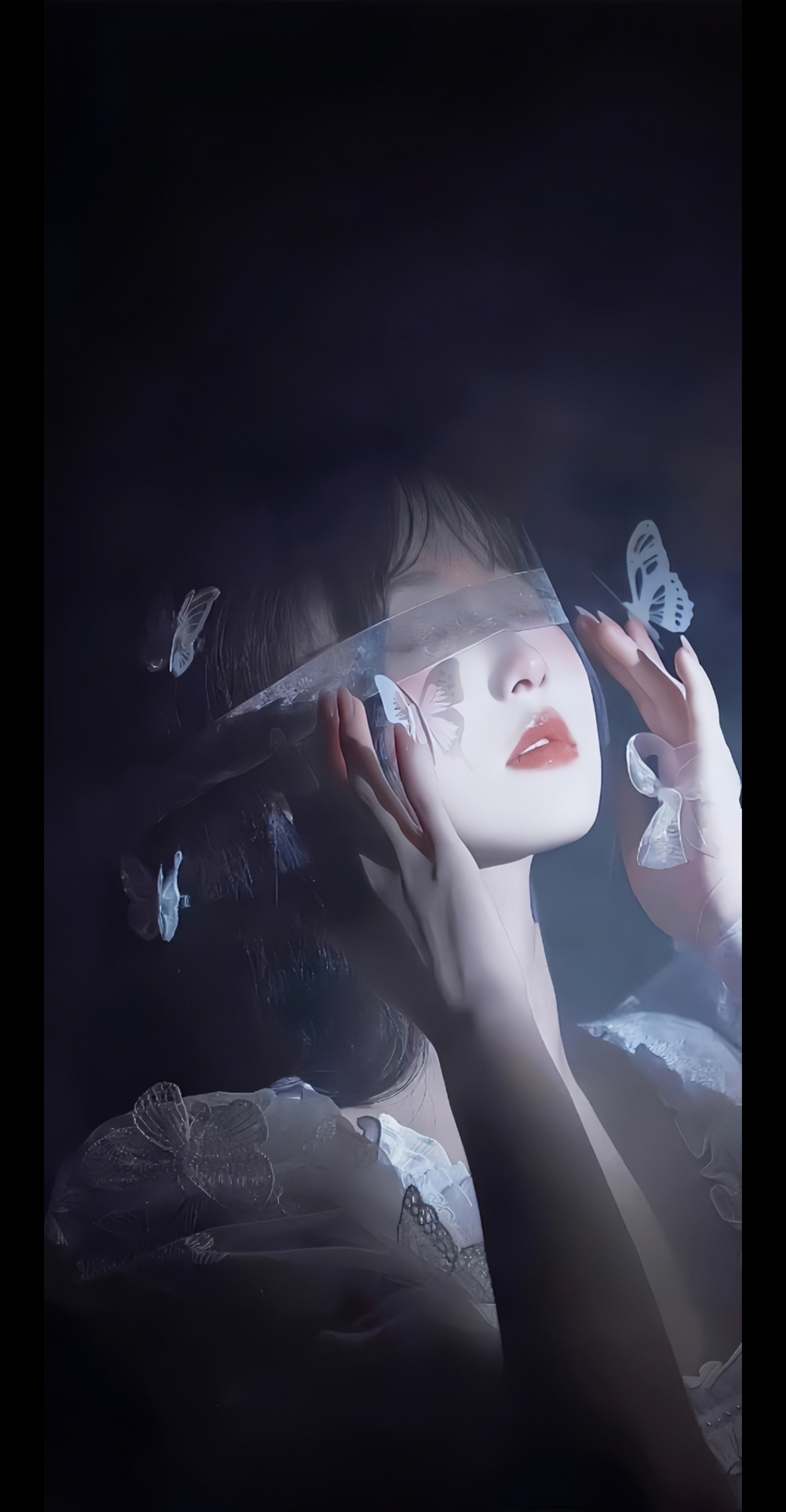 4K 暗紫朦胧蝴蝶蒙眼少女手机壁纸 梦幻清冷氛围感插画