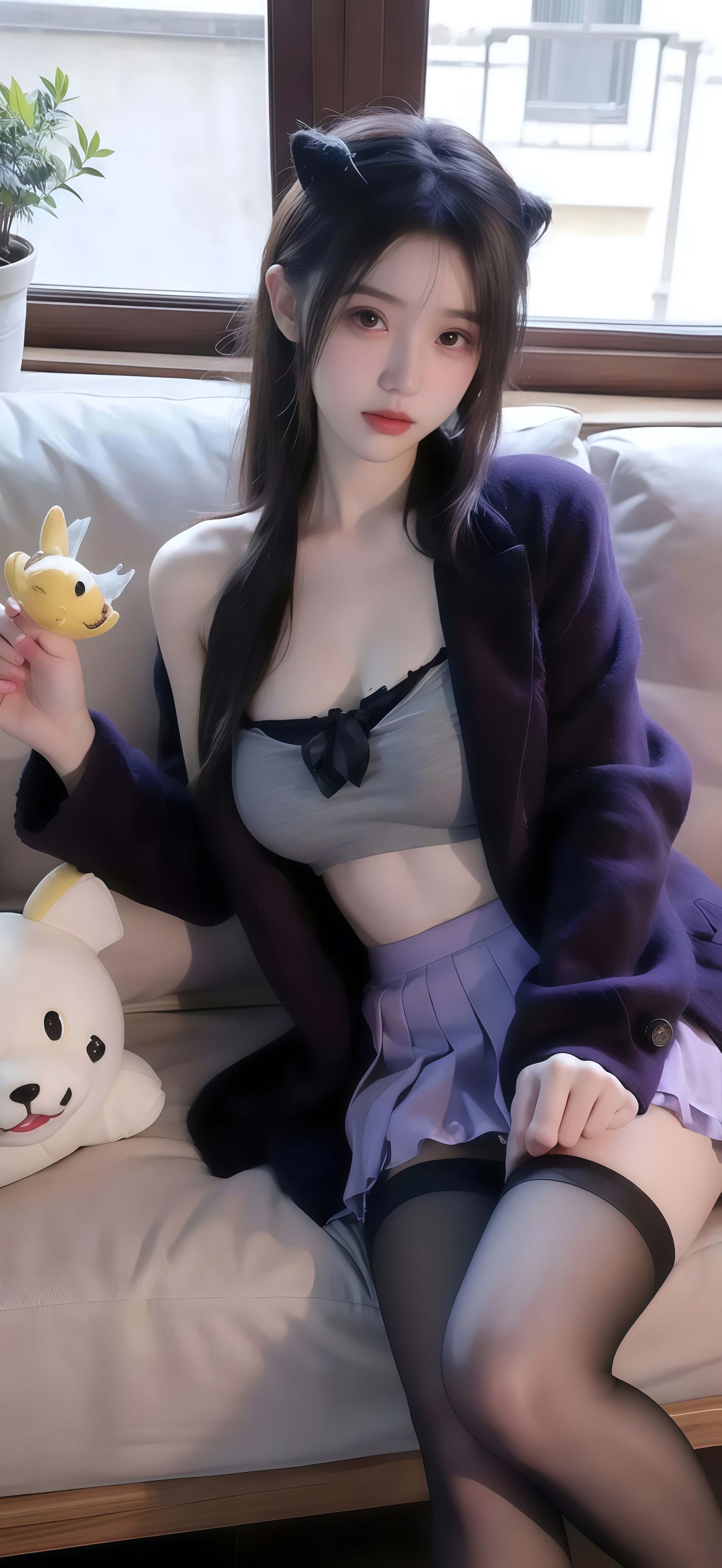 甜酷猫耳少女壁纸 居家沙发玩偶人像竖版手机锁屏