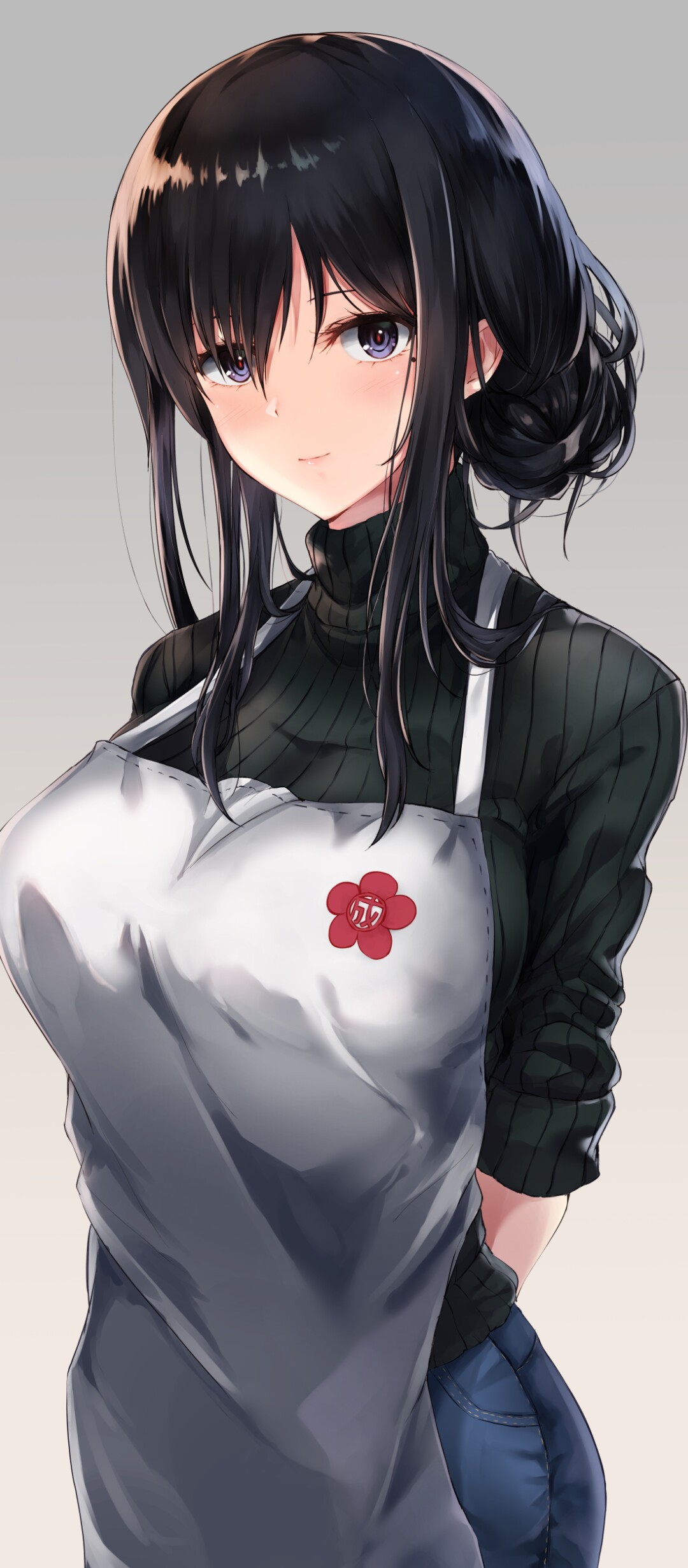 4K 高清日系围裙黑发少女手机壁纸 温柔居家动漫女生插画