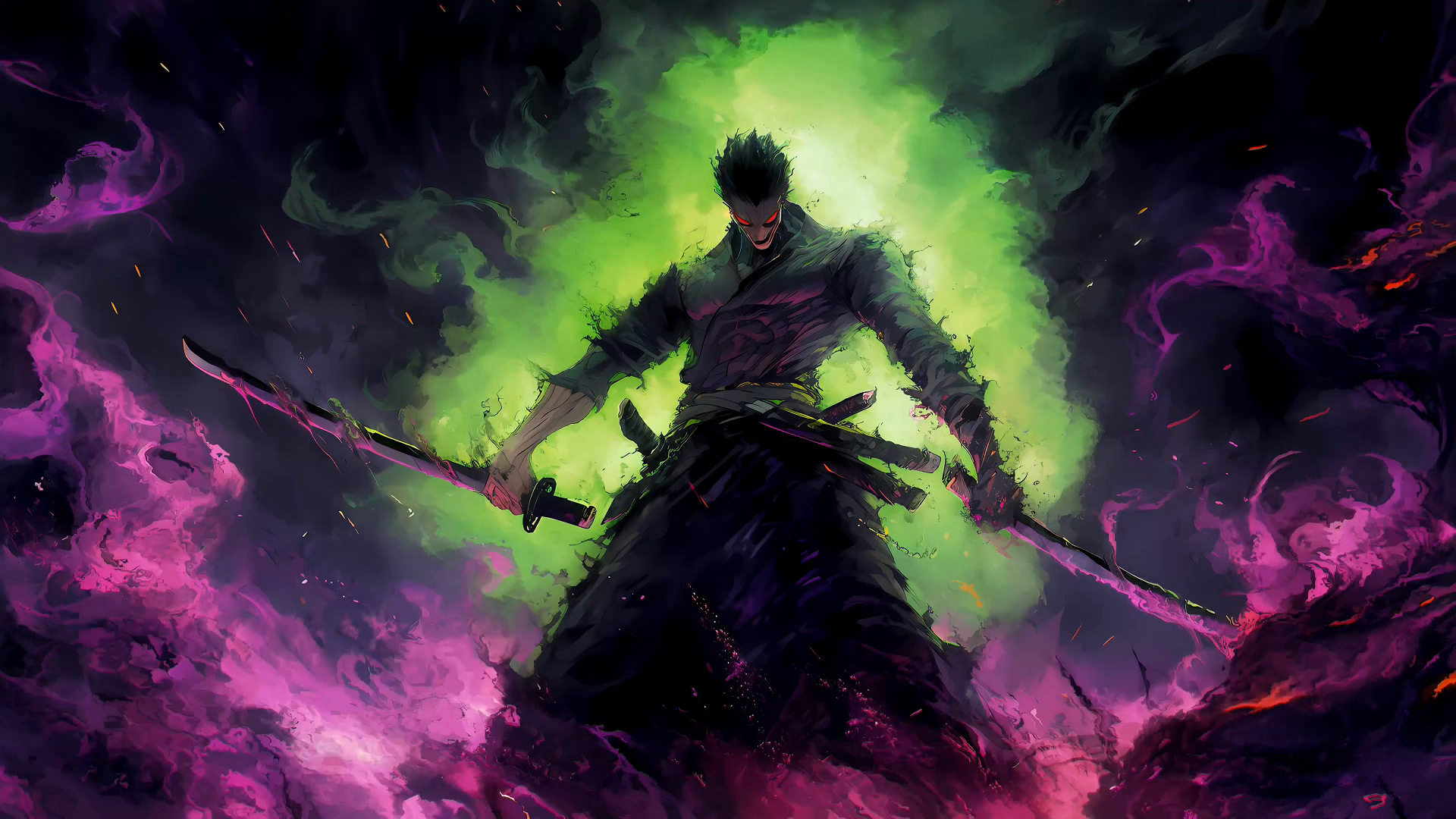 绿紫魔焰双刀武士动漫男生高清 4K 壁纸|妖异暗黑二次元插画