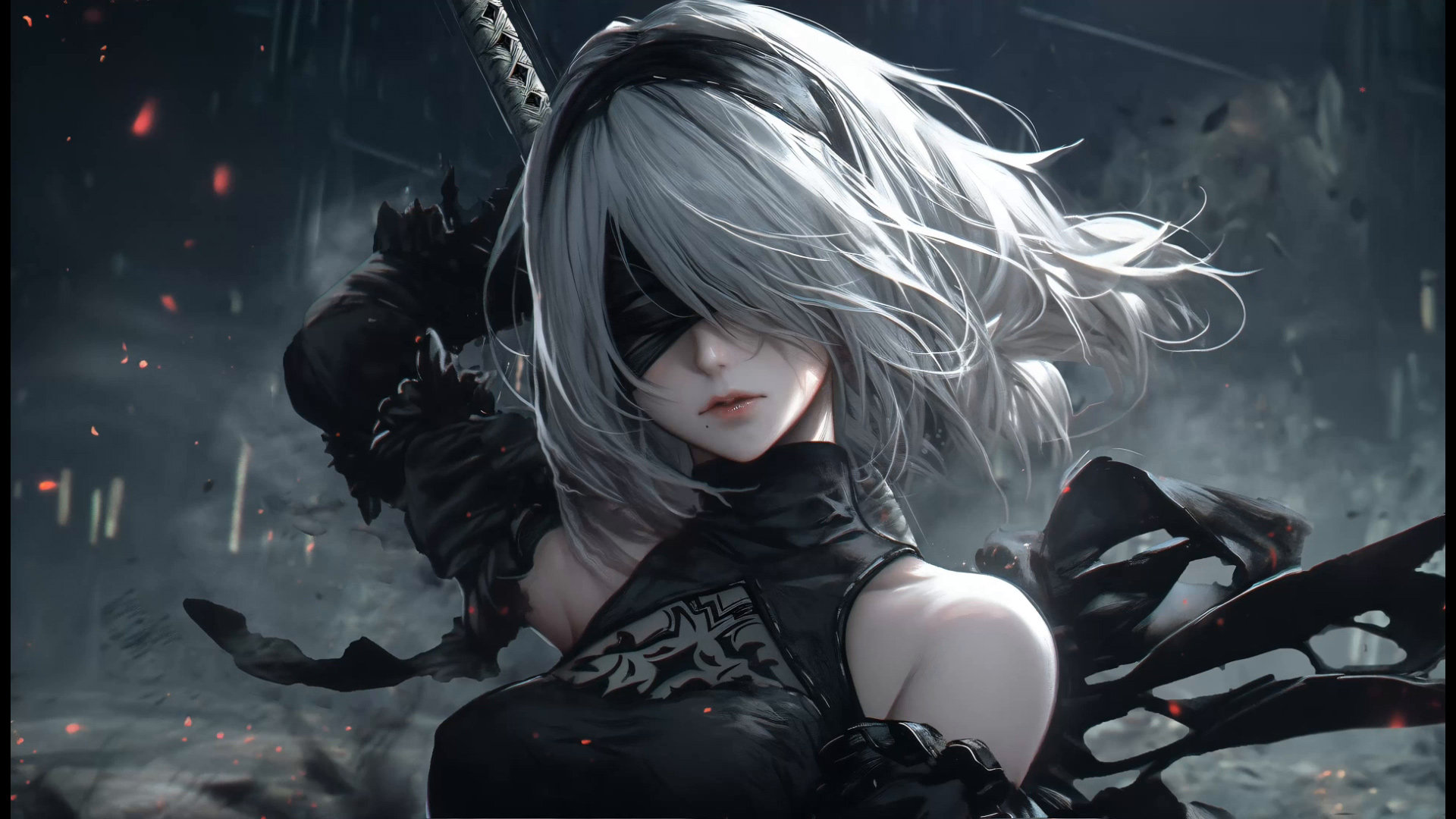 尼尔机械纪元 2B 白发蒙眼少女高清 4K 壁纸|持剑暗黑厚涂同人插画