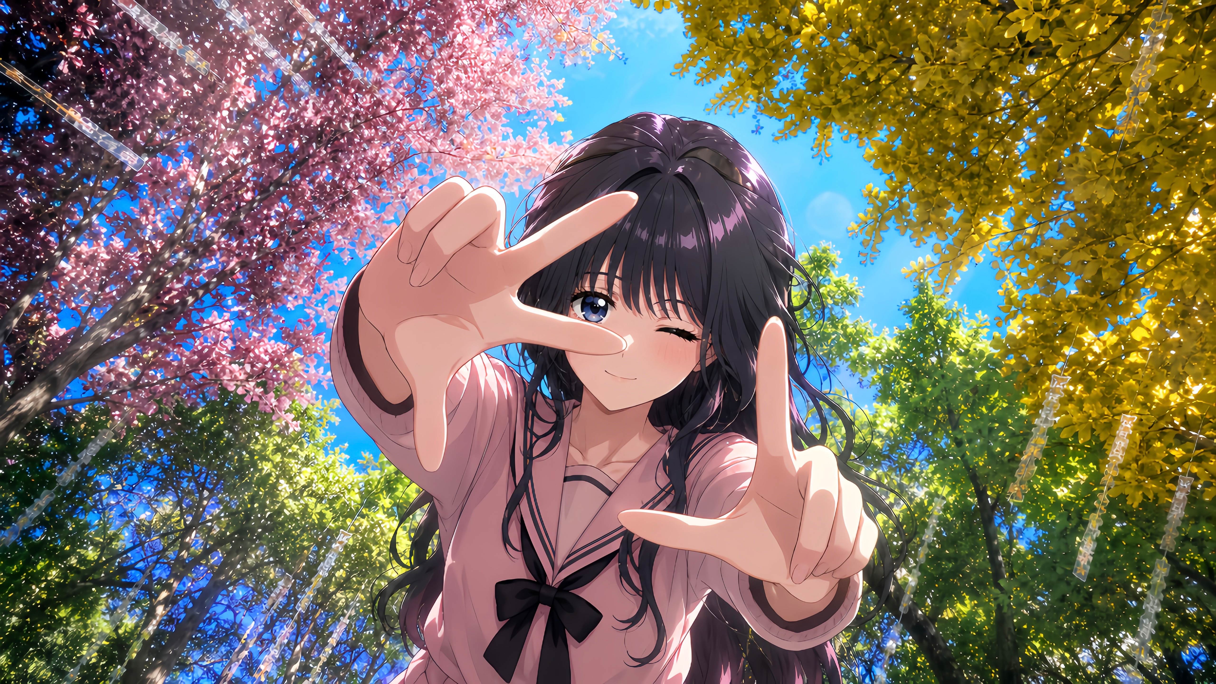 黑发 JK 少女樱花壁纸 风铃治愈二次元动漫横版电脑桌面背景