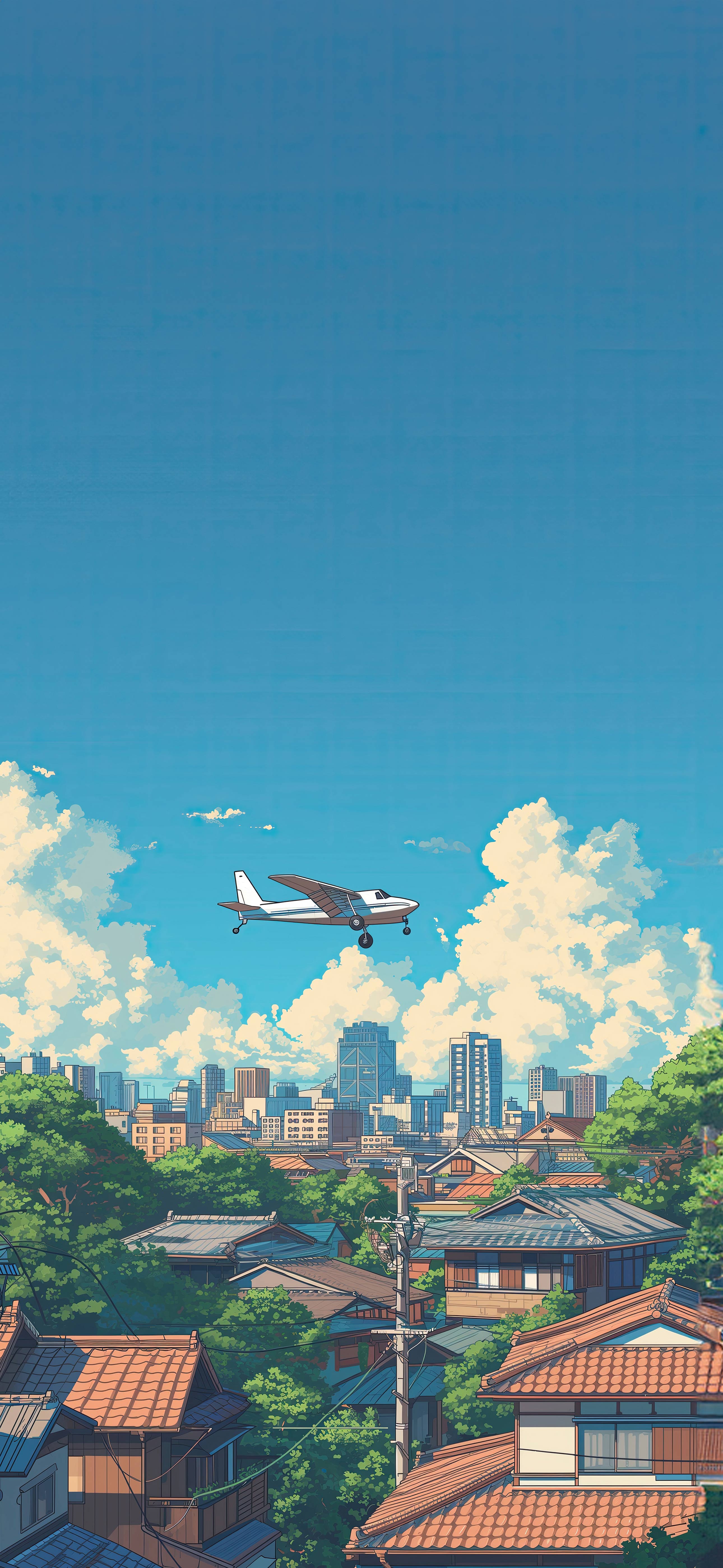 日系动漫小镇飞机竖版手机壁纸 夏日蓝天白云治愈二次元锁屏4k背景