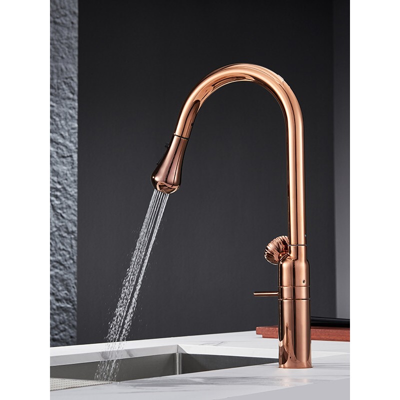 Italian Minimalist All-Copper Kitchen Faucet with Pull-Out and Rotatable Rose Gold Minimalist Digital Display Sink Faucet