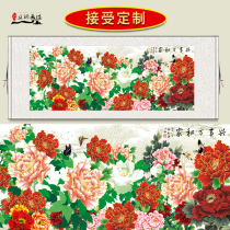 Peony painting flowers blossom rich horizontal porch living room decoration painting Silk scroll hanging painting Chinese painting Fu mural painting