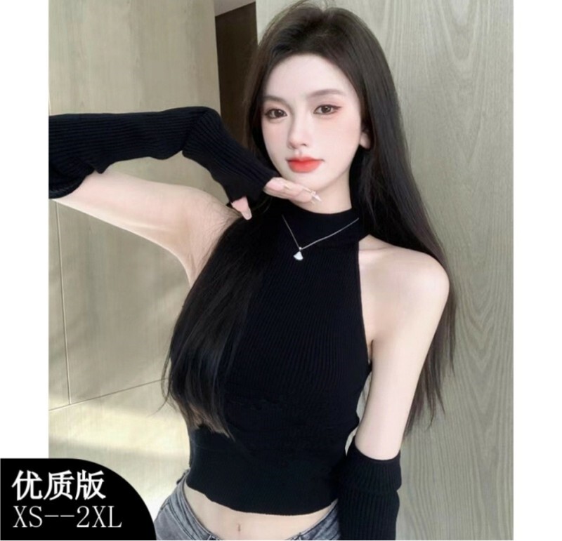 Off-The-Shoulder Top with Sleeves and Suspenders, Two-Way Wear, Women's Spring, Autumn, and Summer Long-Sleeve T-Shirt, Stylish Design, Short Top for Layering Off-The-Shoulder Top with Sleeves and Suspenders, Two-Way Wear, Women's Spring, Autumn, and Summer Long-Sleeve T-Shirt, Stylish Design, Short Top for Layering