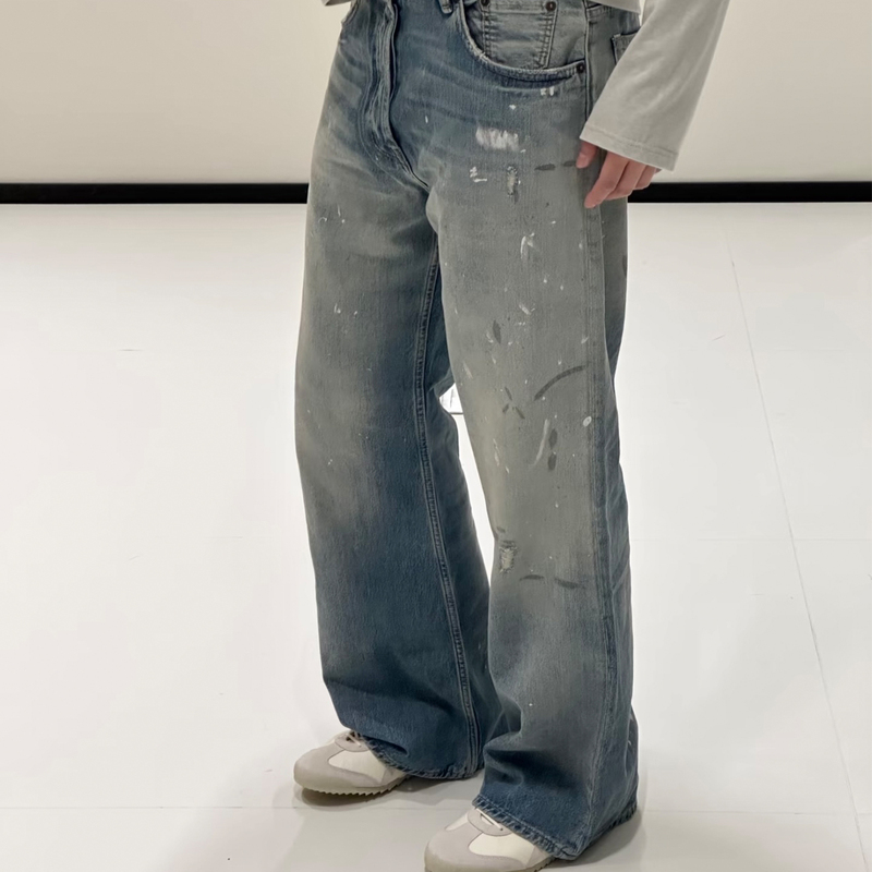 [in Stock] Ac Women's 2021F Loose Ink-Splashed Jeans Straight High-Waisted Petite Narrow Wide-Leg Pants
